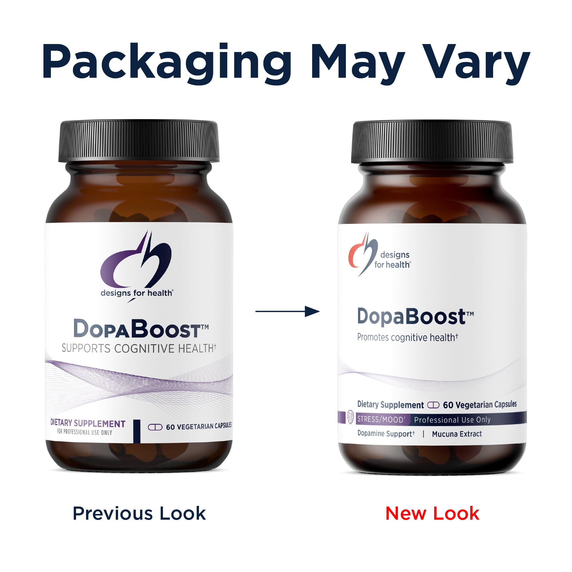 Designs for Health DopaBoost supplement with capsules on a wooden table