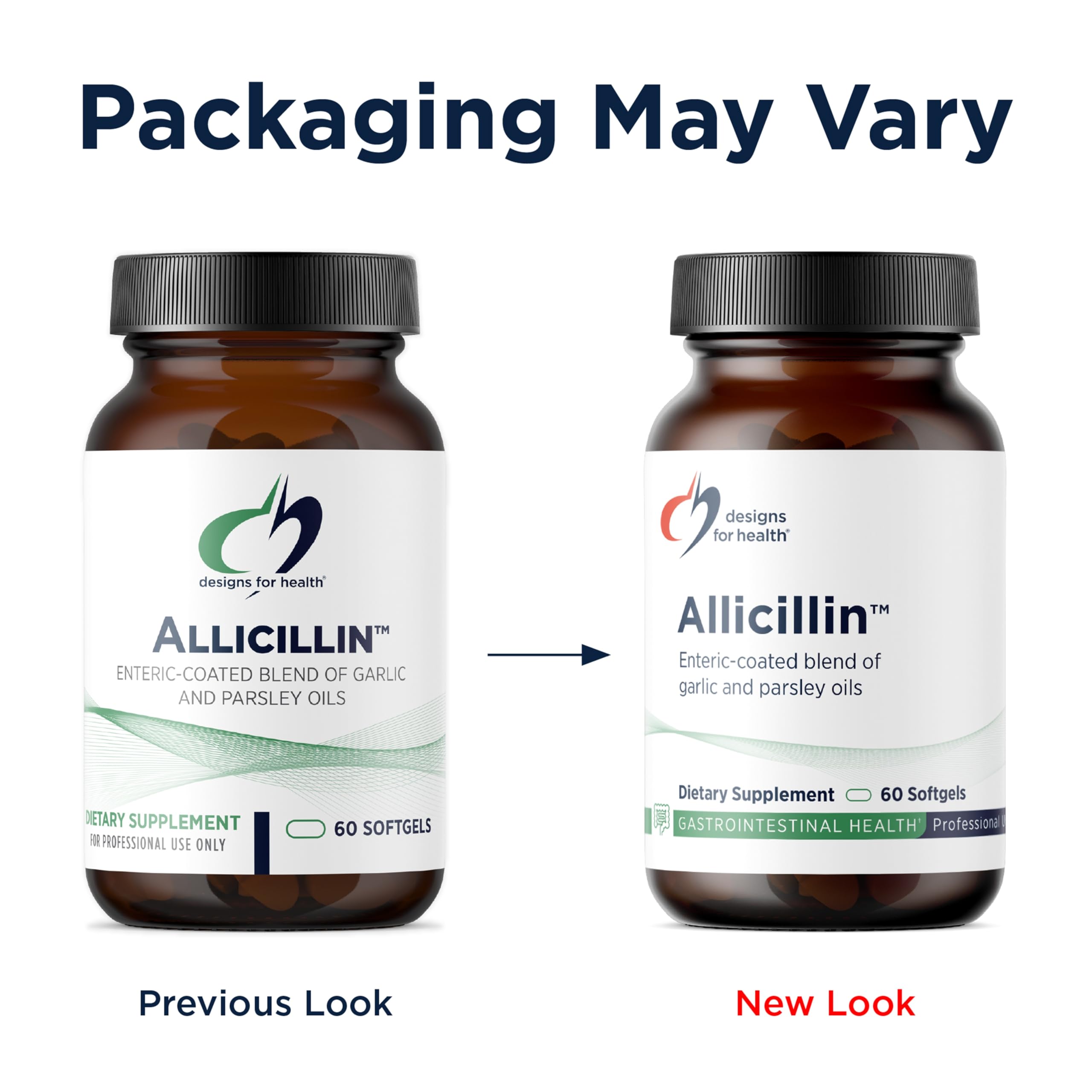 Designs for Health Garlic & Parsley Oil 200mg capsules on a table