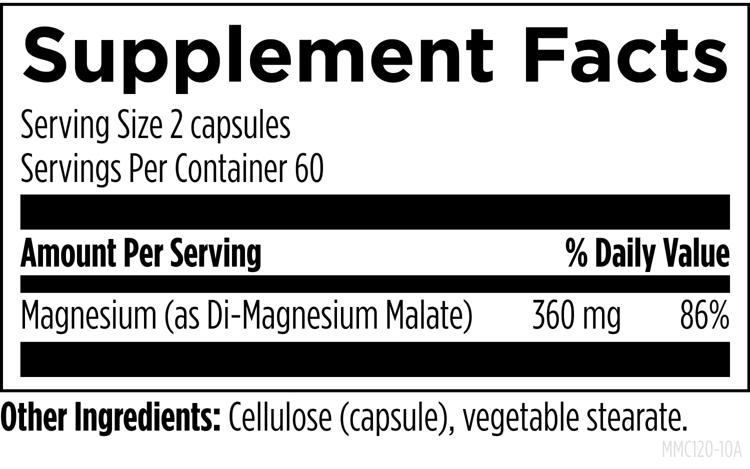Designs for Health Magnesium Malate Capsules 360mg back view with ingredient list