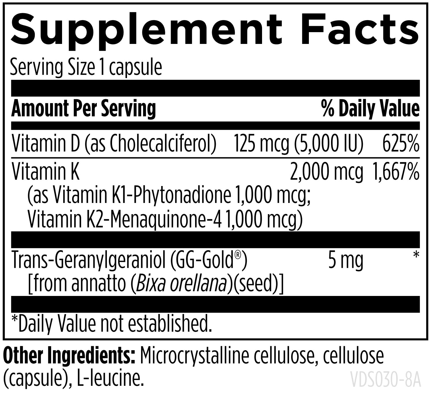 Designs for Health Vitamin D3 + K2 ingredients list