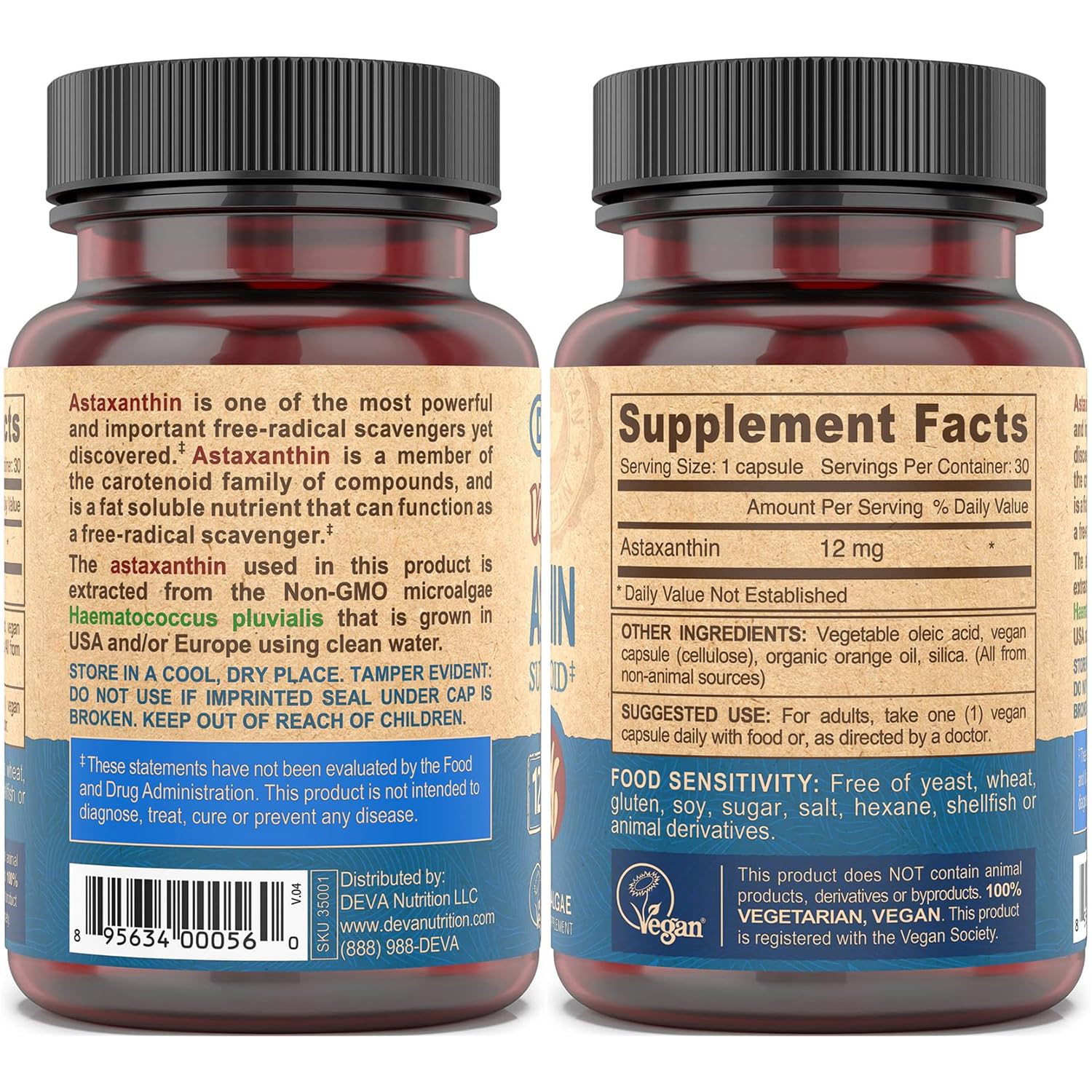 DEVA Astaxanthin Vegan Supplement 82g side view with packaging