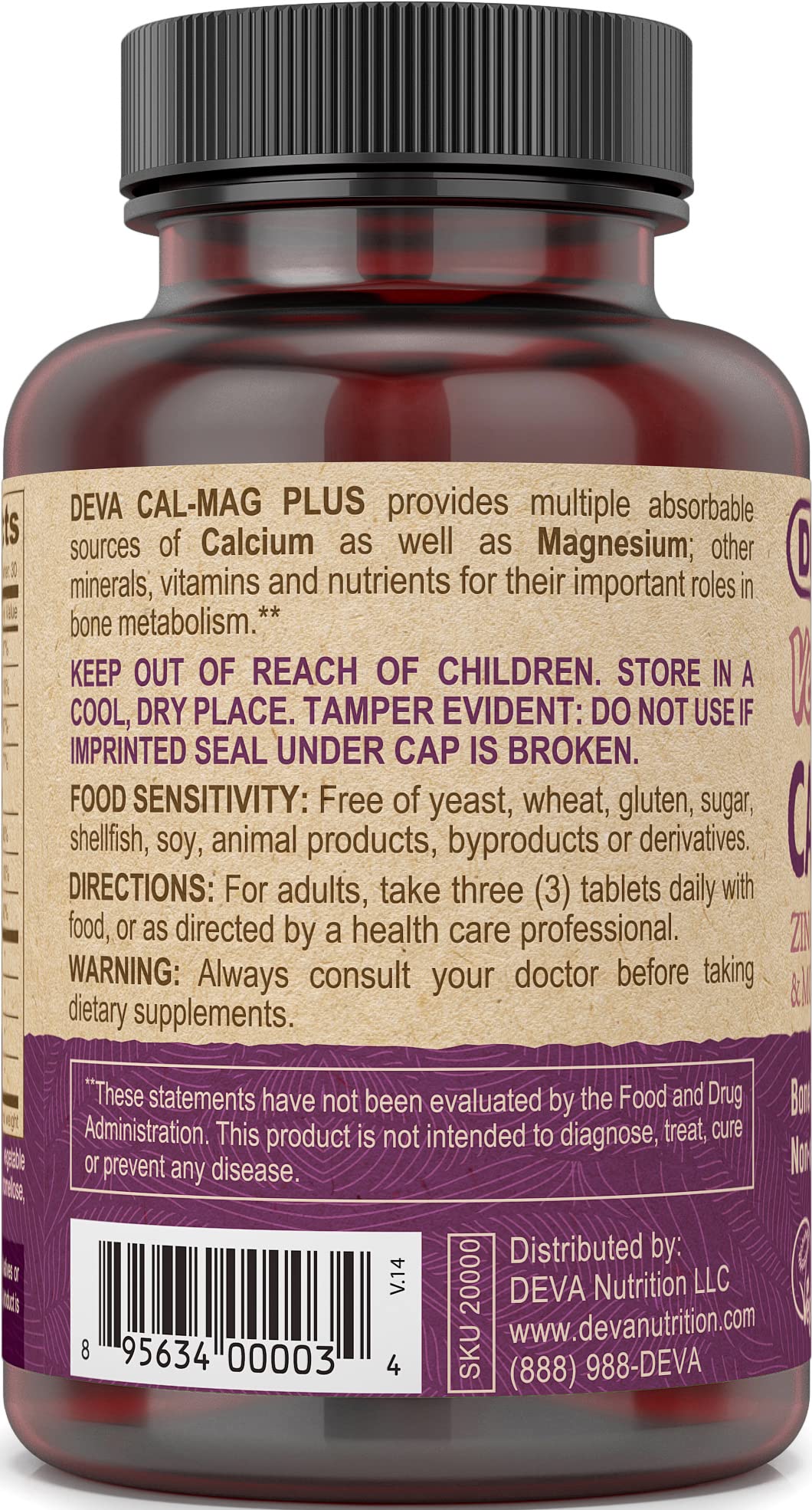 DEVA Calcium Supplement 168g side view showing tablet details