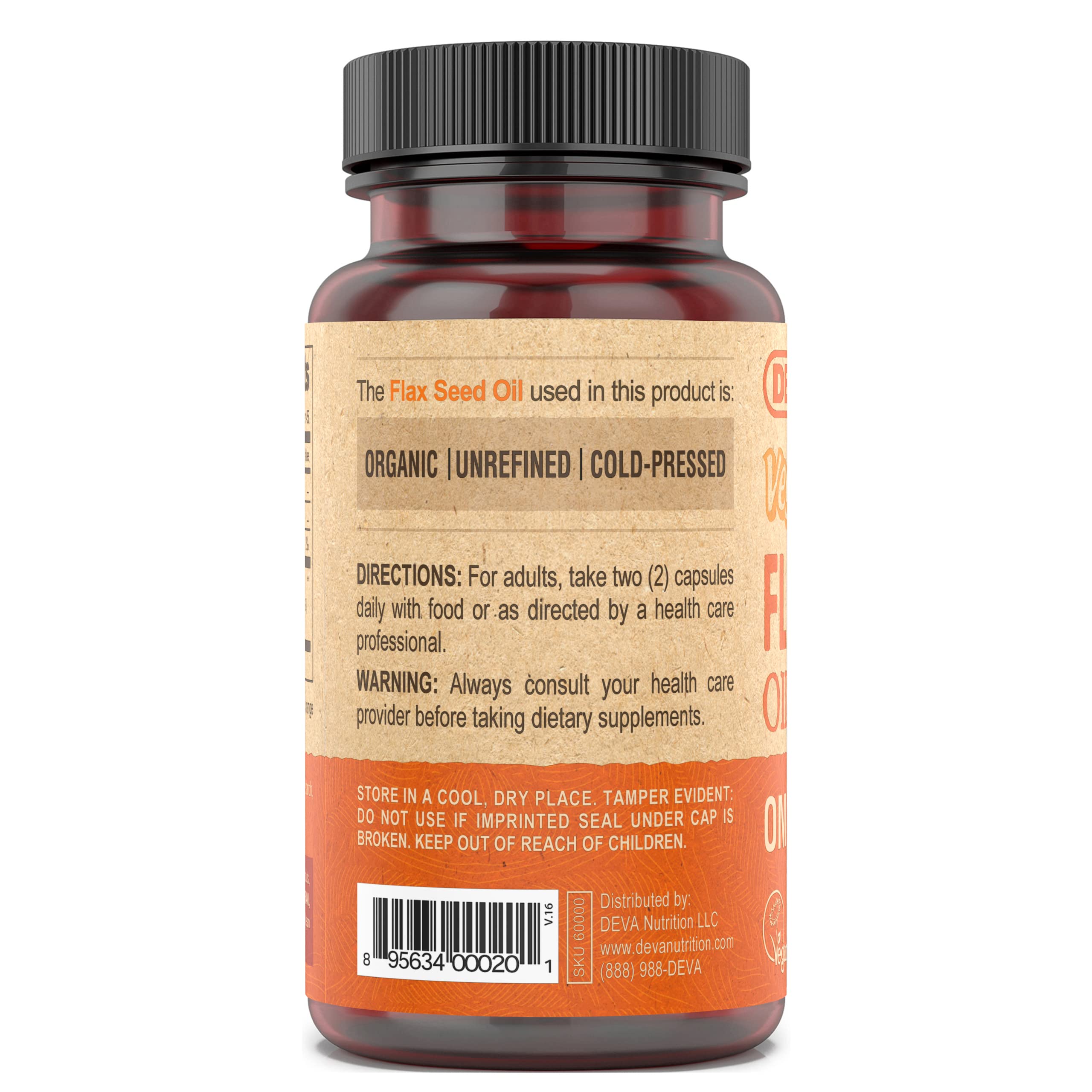DEVA Flaxseed Oil Capsules side view with nutritional information