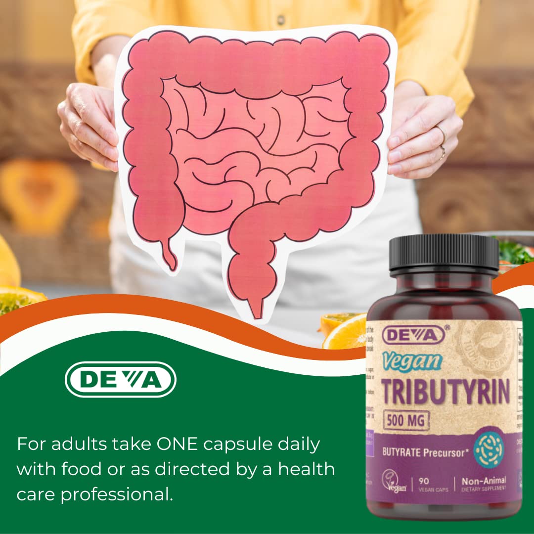 DEVA Tributyrin Butyrate Precursor 500mg vegan capsules on a wooden table