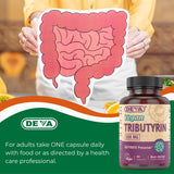 DEVA Tributyrin Butyrate Precursor 500mg vegan capsules on a wooden table