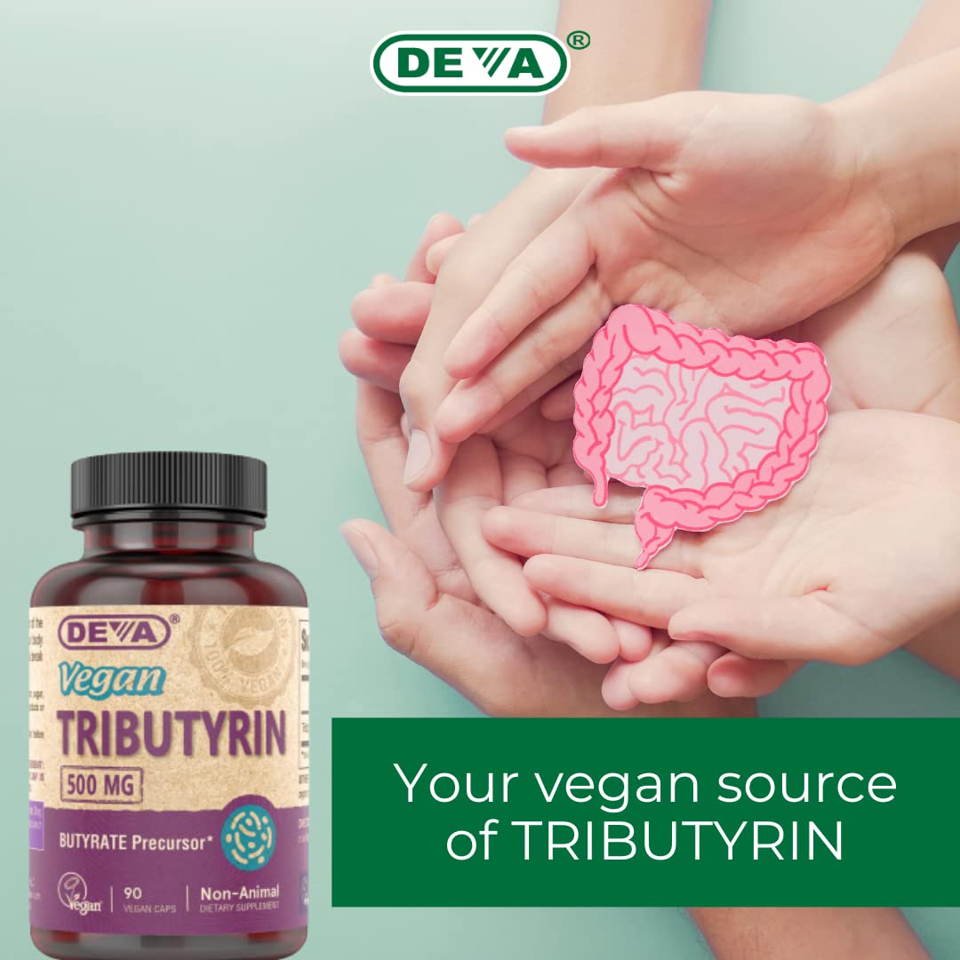 DEVA Tributyrin Butyrate Precursor 500mg vegan capsules with ingredients list
