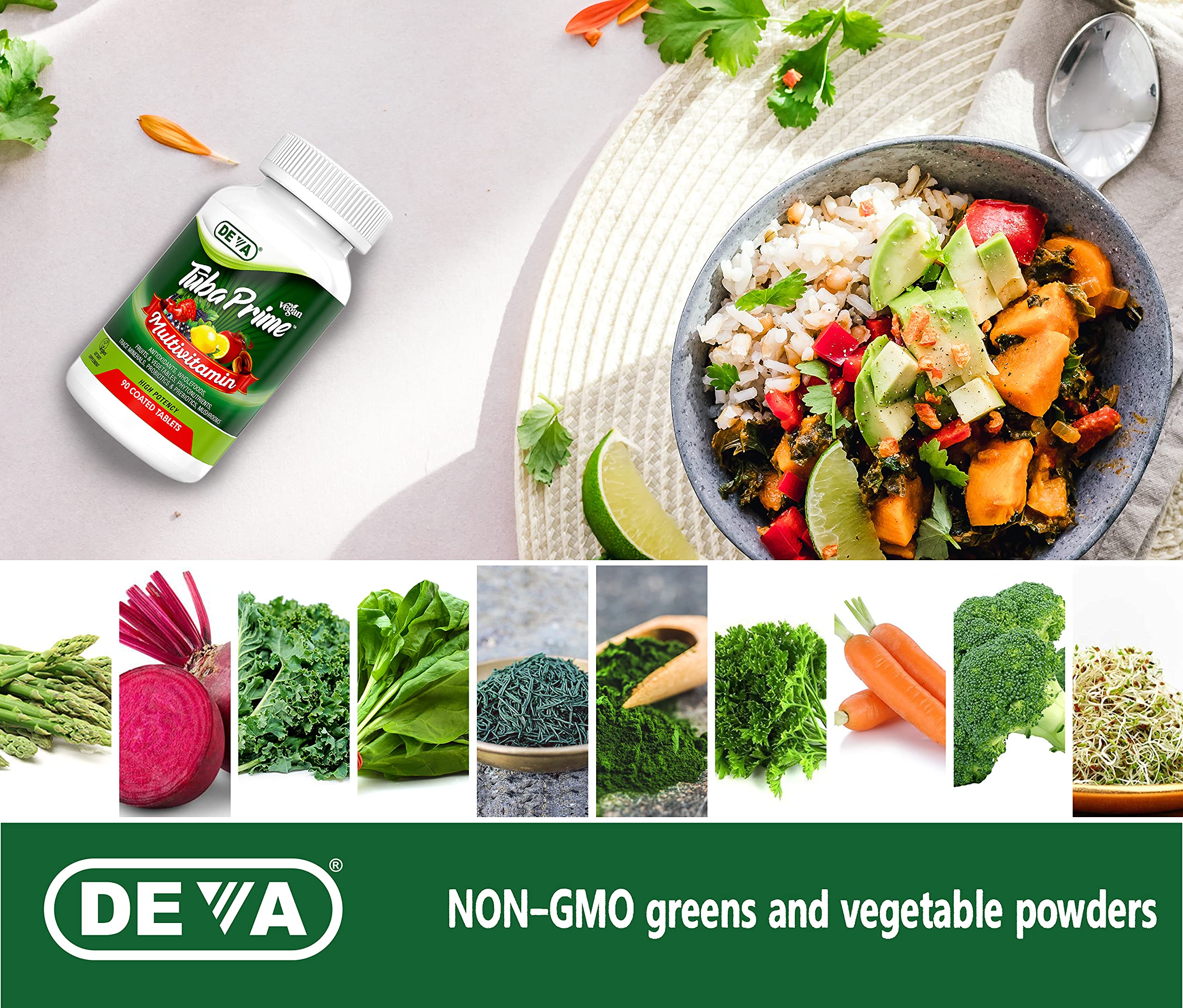 DEVA TUBA Vegan Multivitamin lifestyle scene with fruits
