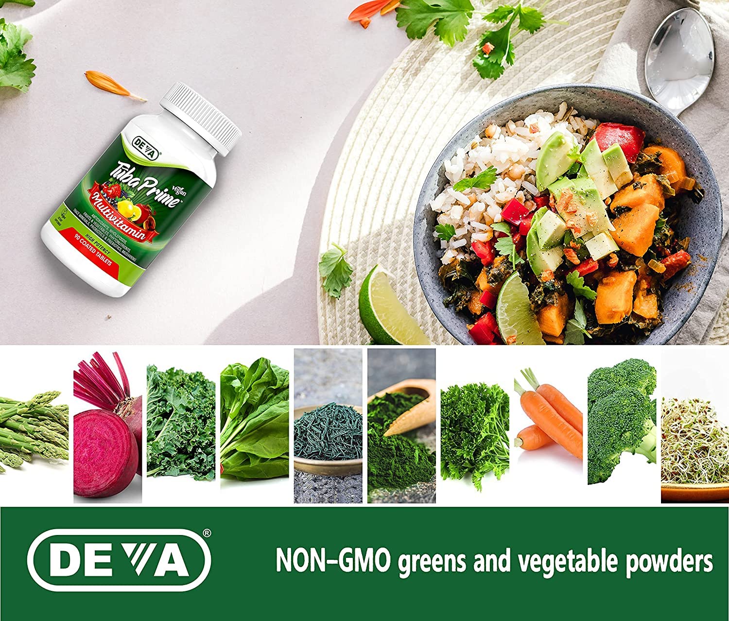 DEVA TUBA Vegan Multivitamin on a wooden table
