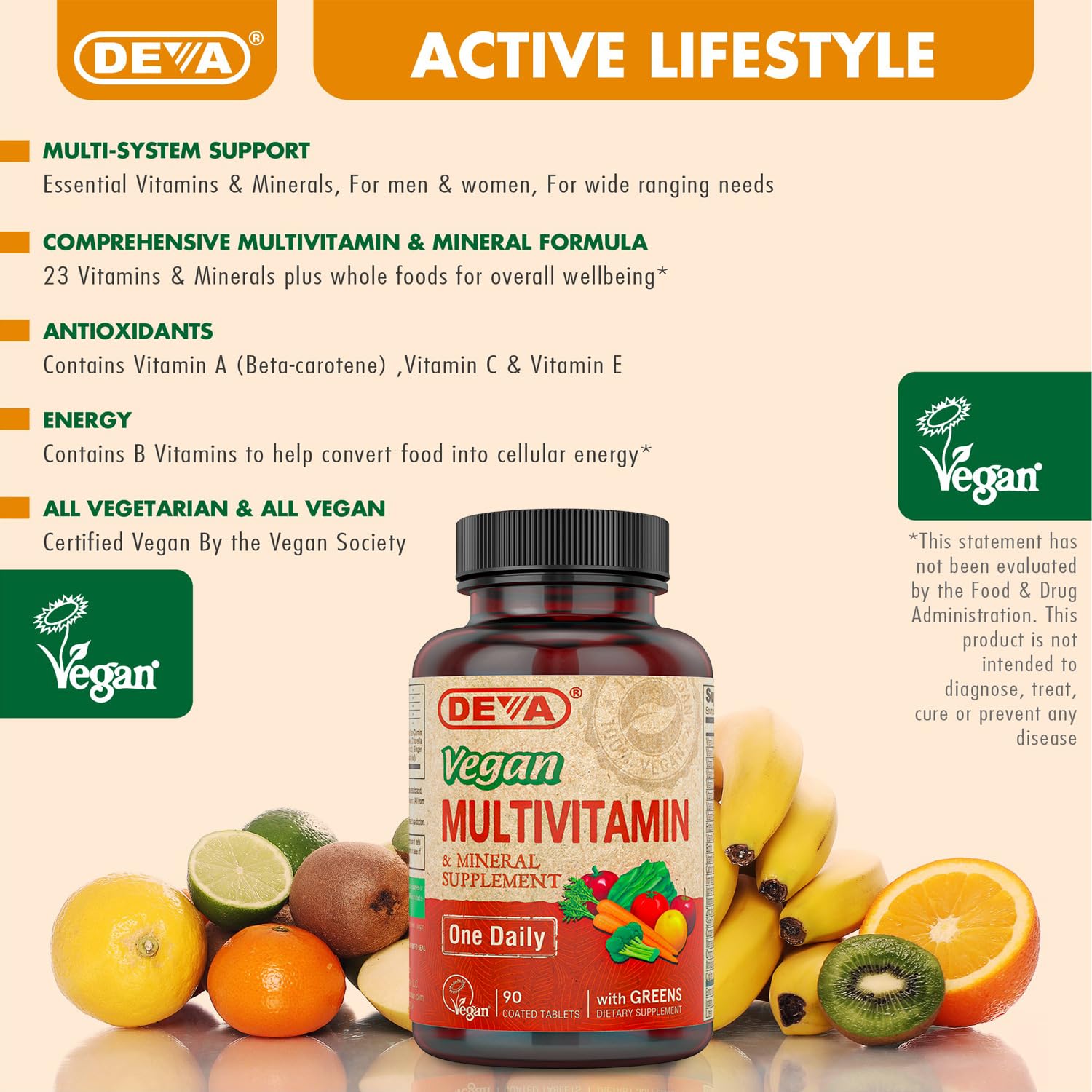 DEVA Vegan Multivitamin and Mineral Supplement on a wooden table