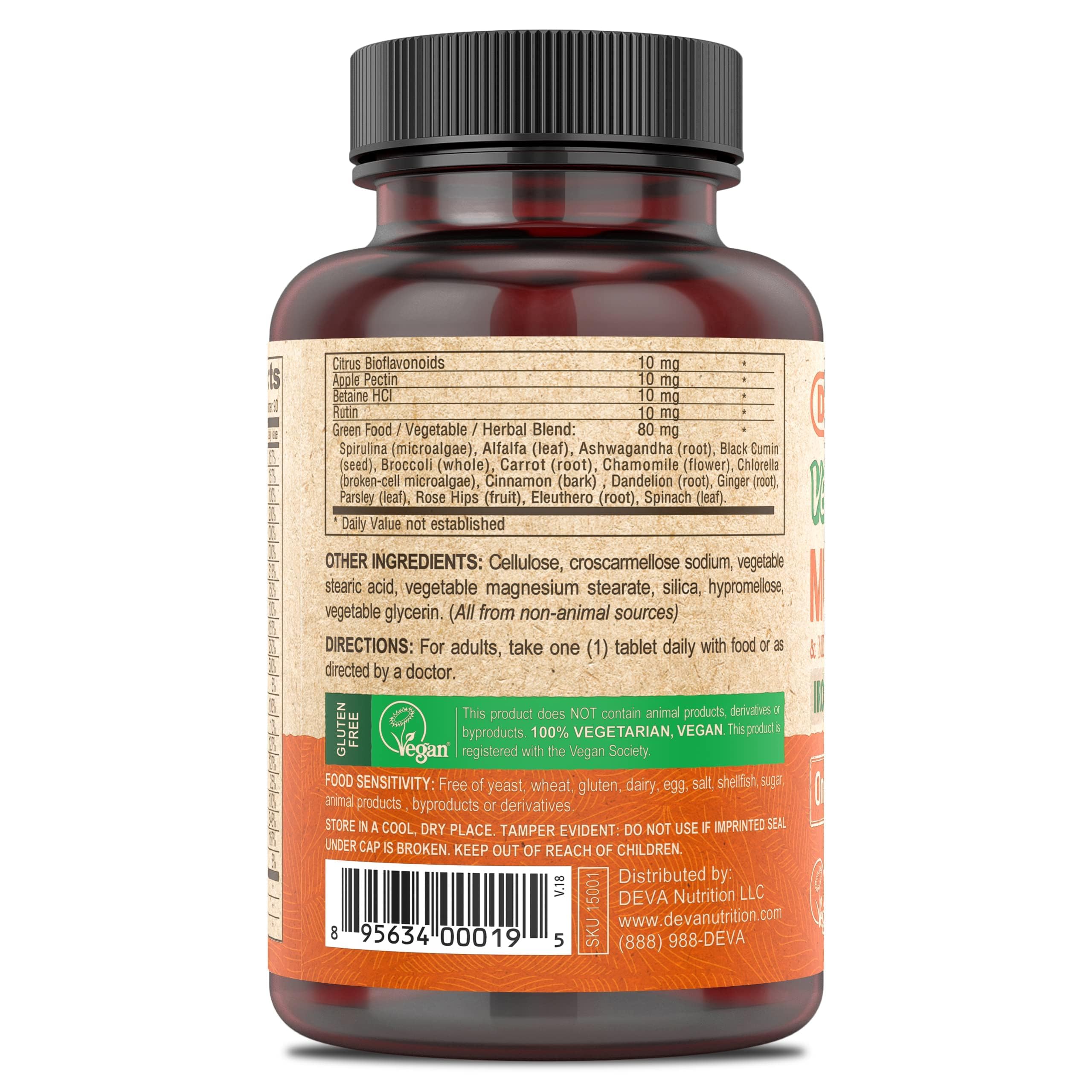 DEVA Vegan Multivitamin side view with ingredients