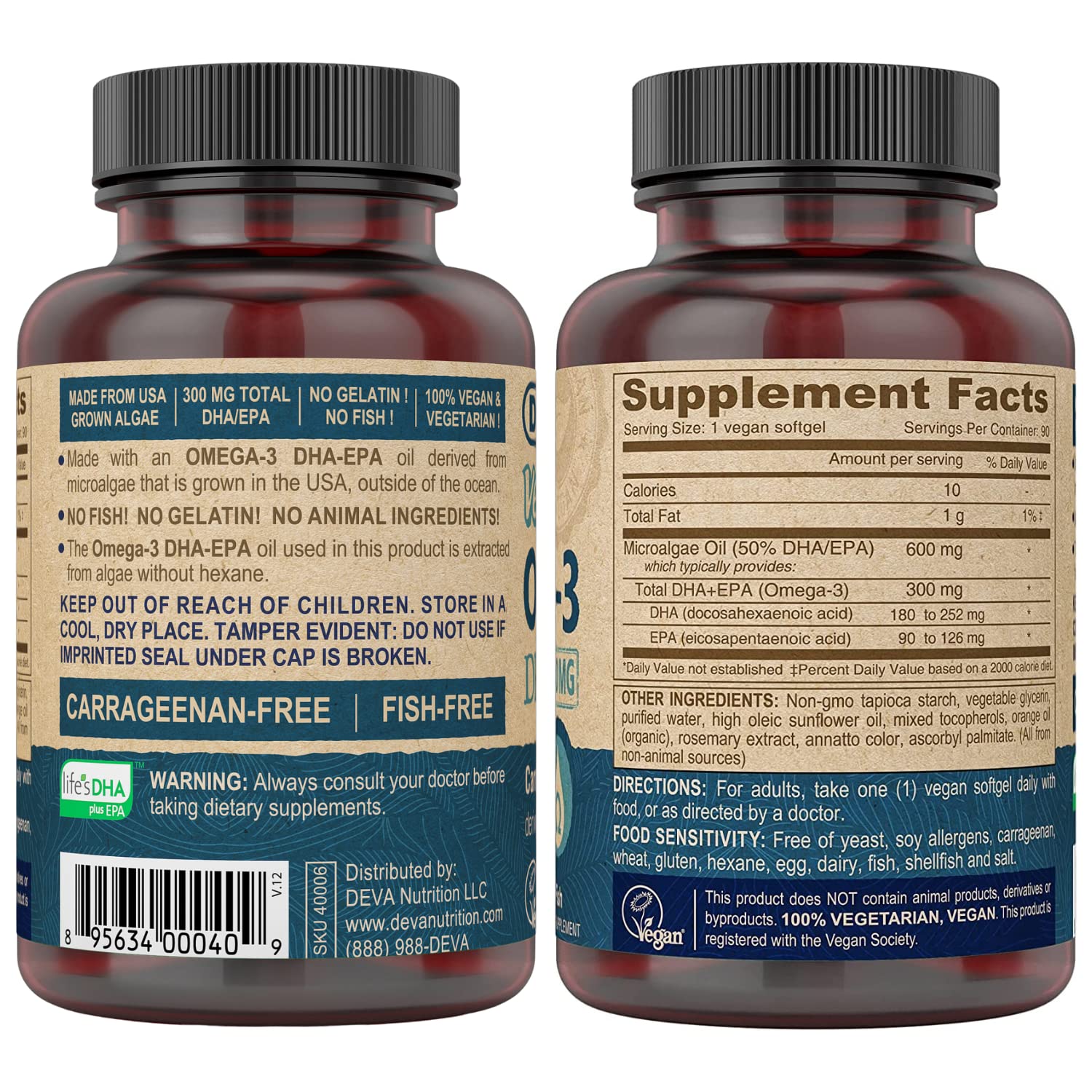 DEVA Vegan Omega-3 DHA EPA Softgels 750mg back view