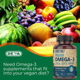 DEVA Vegan Omega-3 DHA EPA Softgels displayed with fresh vegetables