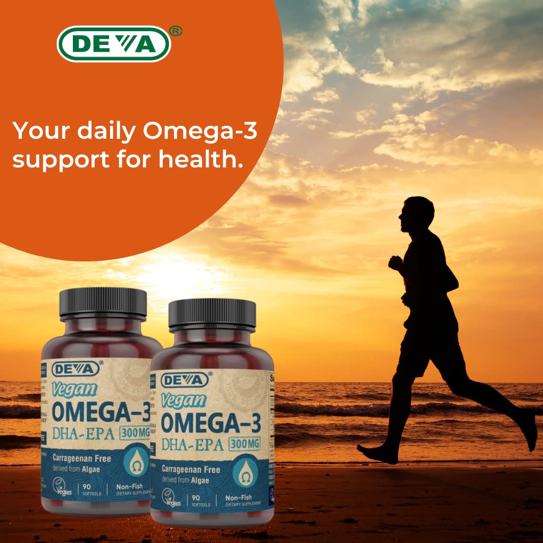 DEVA Vegan Omega-3 DHA EPA Softgels on a wooden table