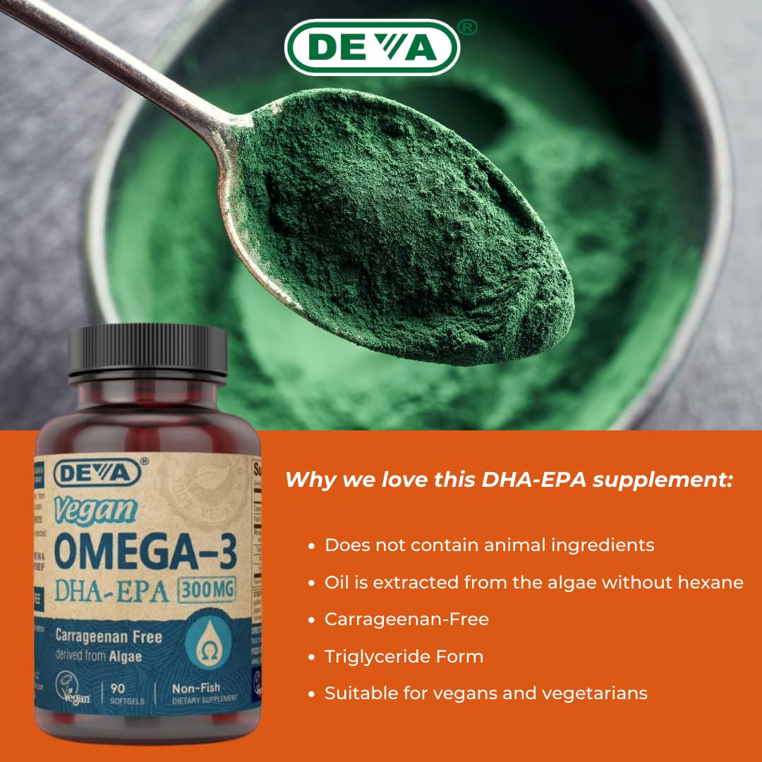 DEVA Vegan Omega-3 DHA EPA Softgels with a glass of water