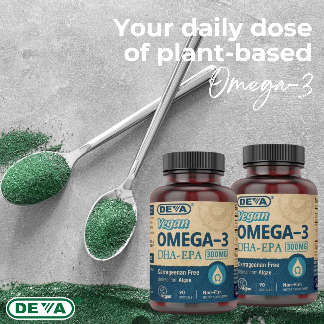 DEVA Vegan Omega-3 DHA EPA Softgels with a measuring spoon