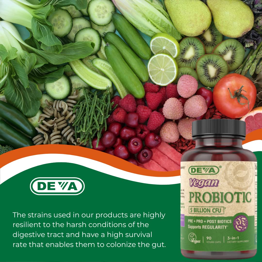DEVA Vegan Probiotic with FOS Prebiotics on a wooden table