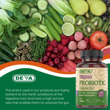 DEVA Vegan Probiotic with FOS Prebiotics on a wooden table