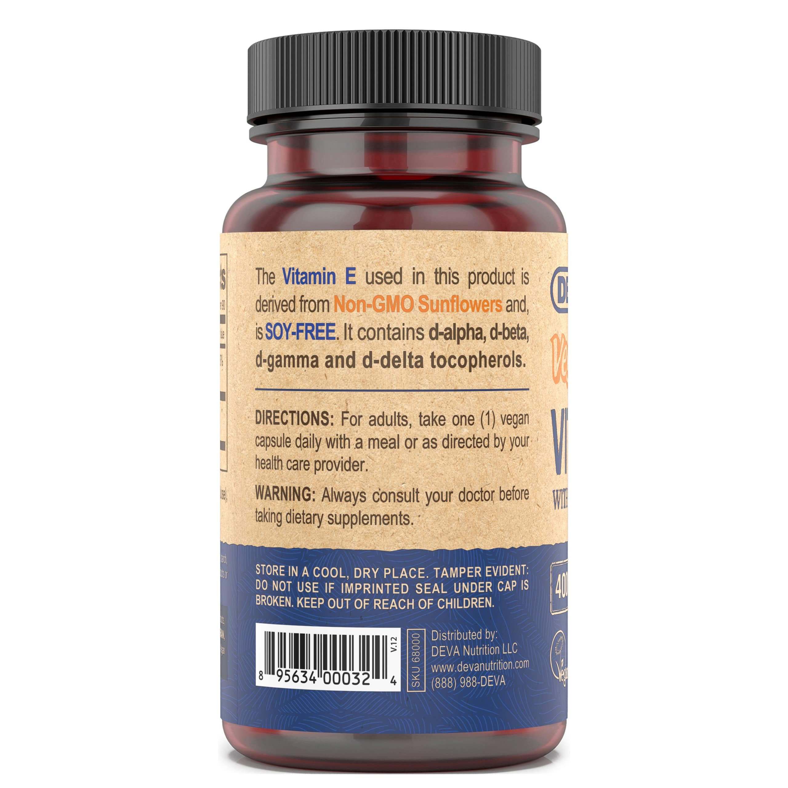 DEVA Vitamin E 400IU capsules on a wooden surface