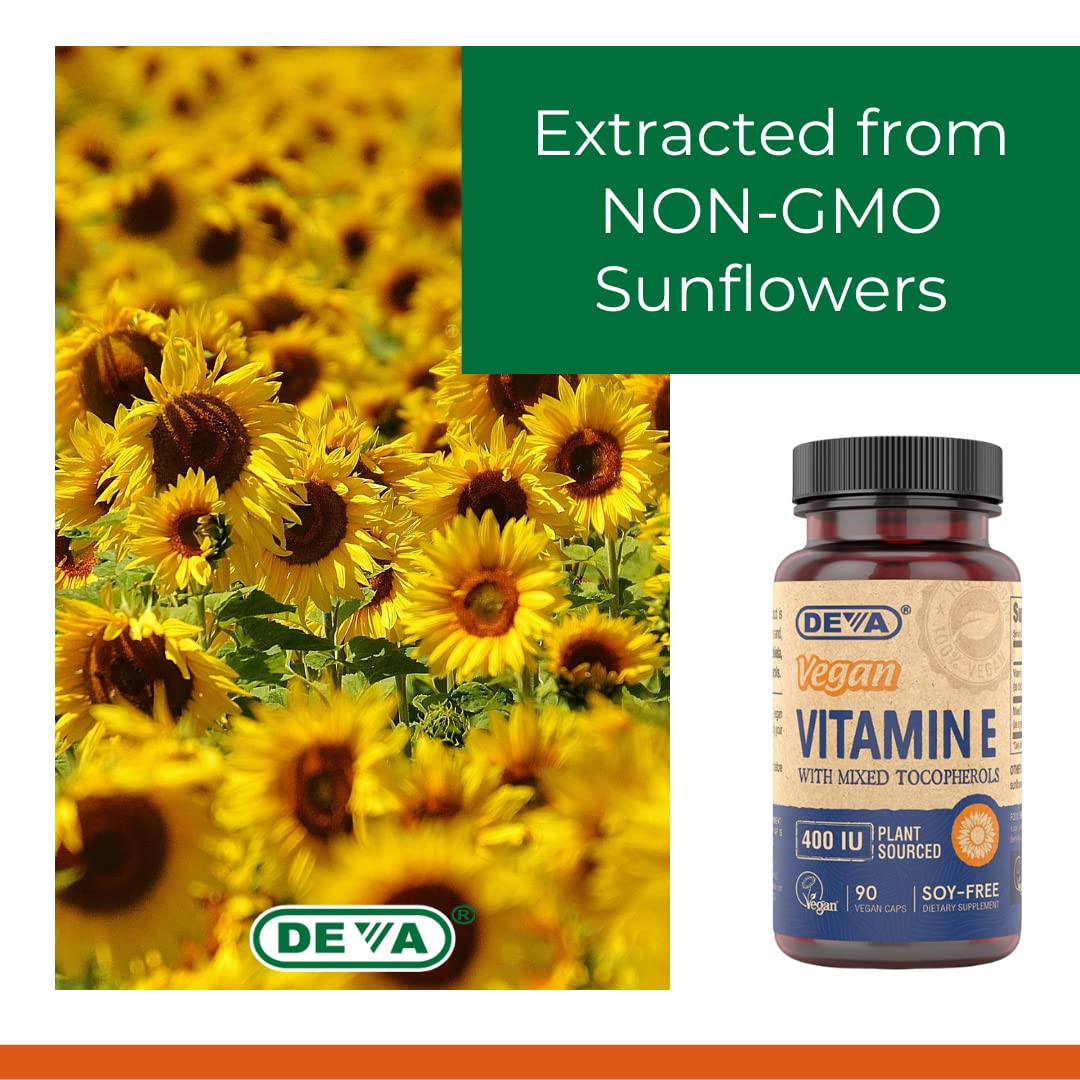 DEVA Vitamin E capsules on a wooden table