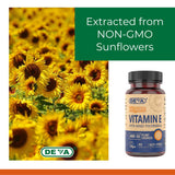 DEVA Vitamin E capsules on a wooden table