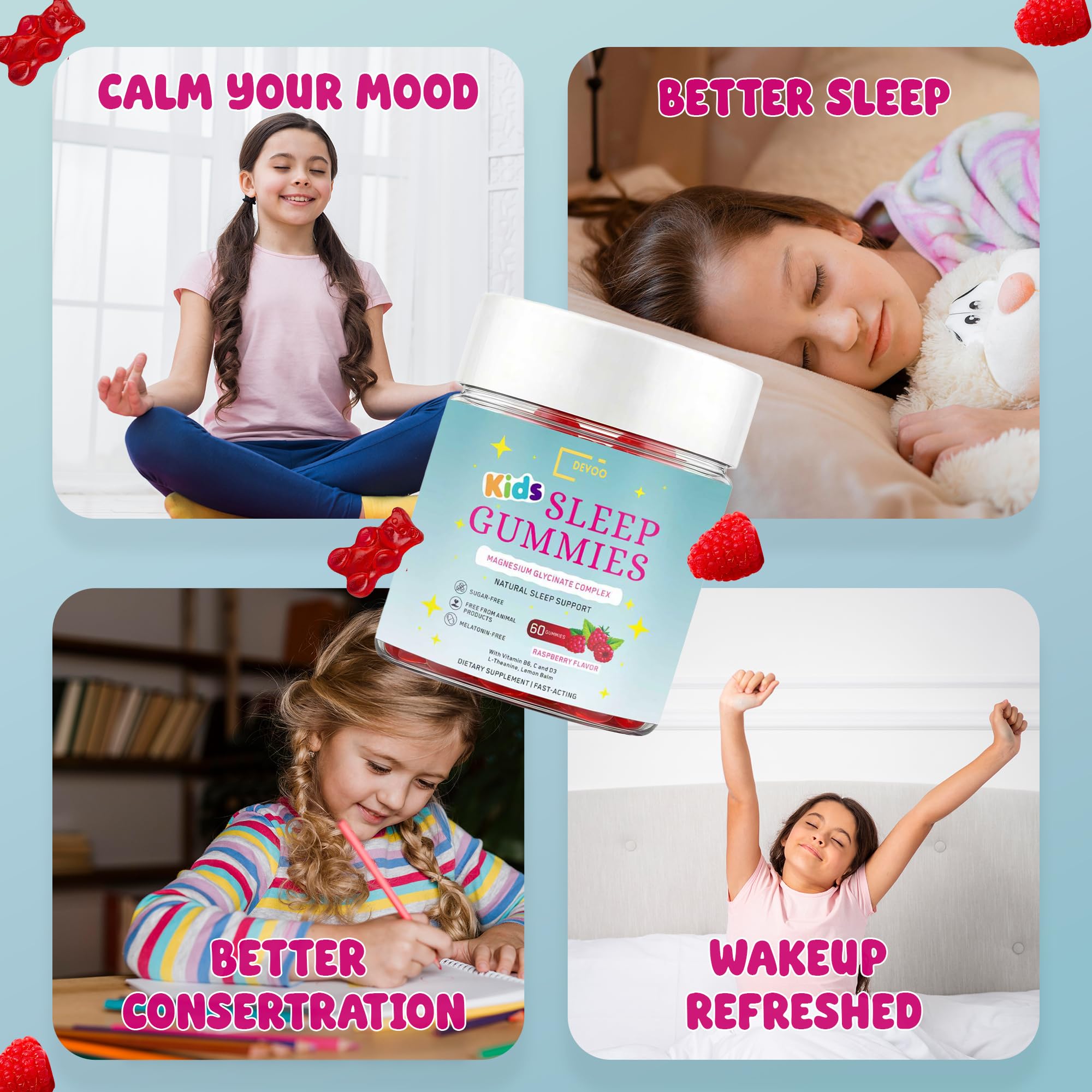 Devoo sleep gummies with a child holding them