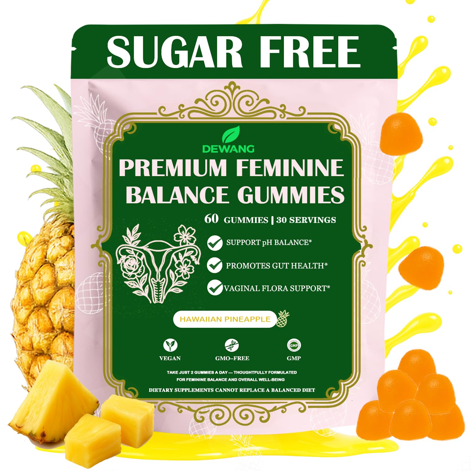 DEWANG Probiotic Gummies bottle front view with tropical pineapple flavour