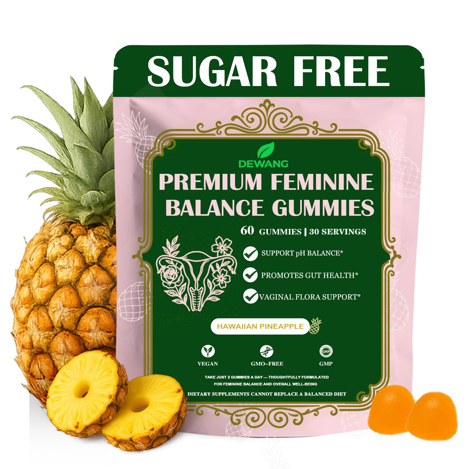 DEWANG Probiotic Gummies with fresh pineapples in the background