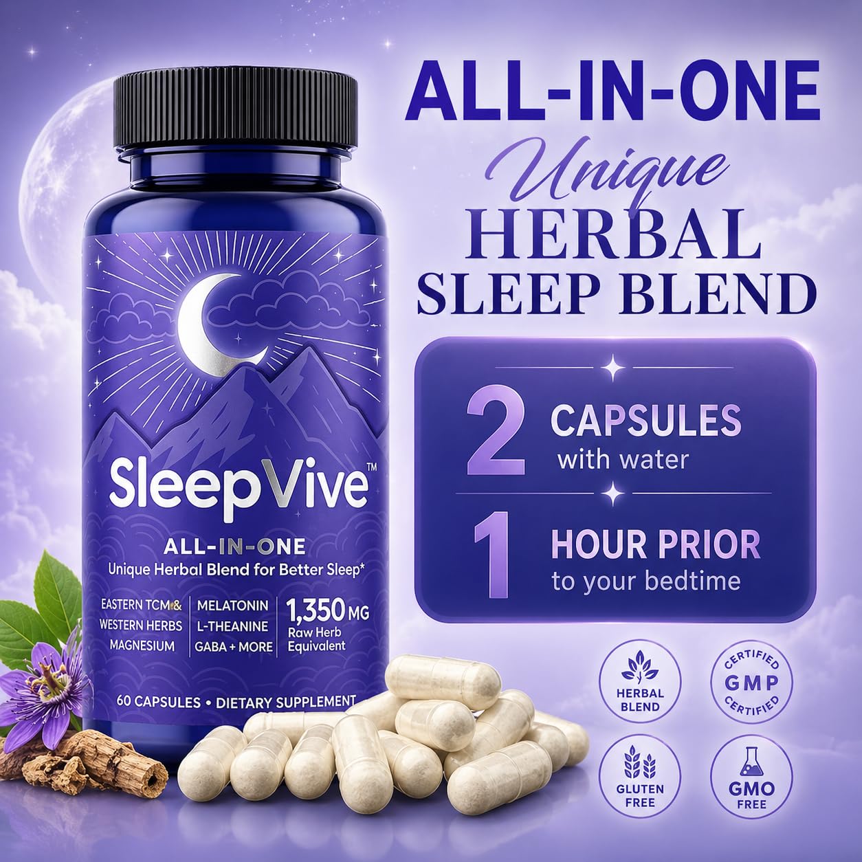 Diamond Clouds SleepVive Herbal Sleep Aid 60 Capsules side view