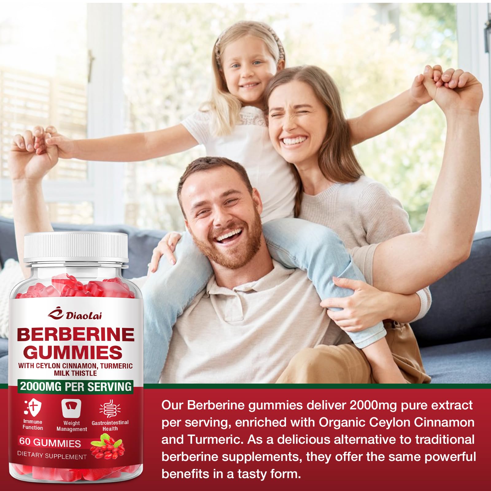 DIAOLAI Berberine Gummies packaging back view with ingredients