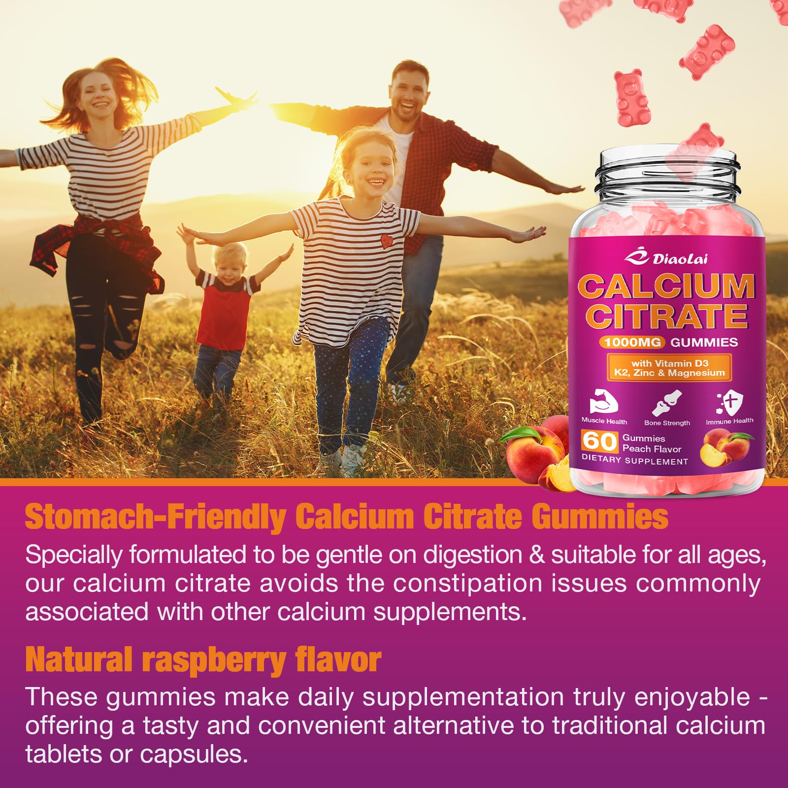 DIAOLAI Calcium Citrate Gummies bottle with two gummies