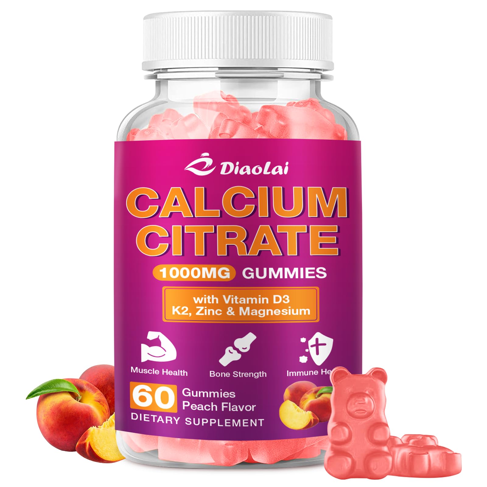 DIAOLAI Calcium Citrate Gummies front view with peach flavour