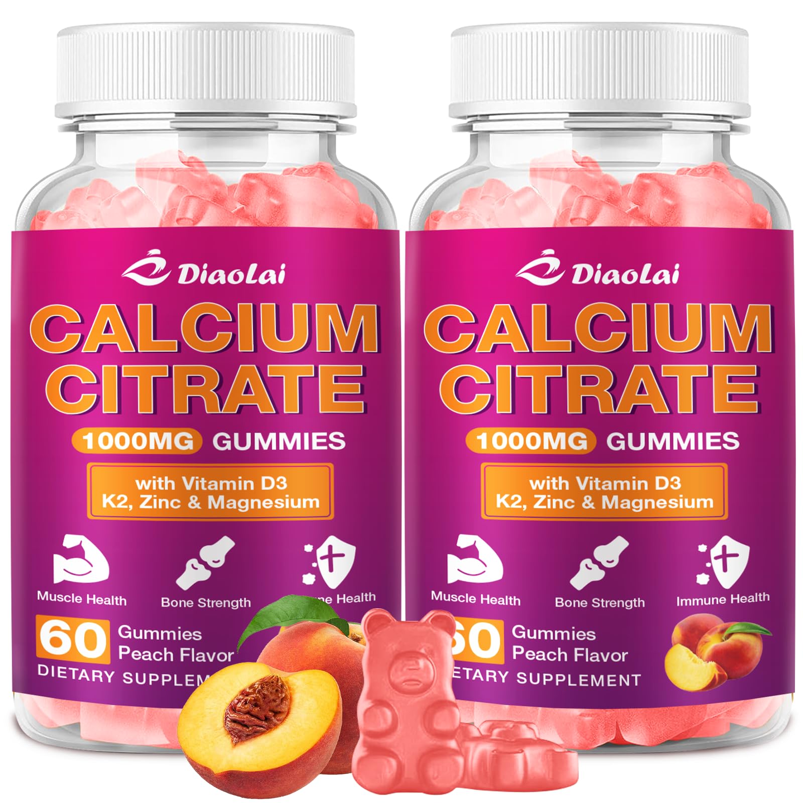 DIAOLAI Calcium Citrate Gummies peach flavour front view