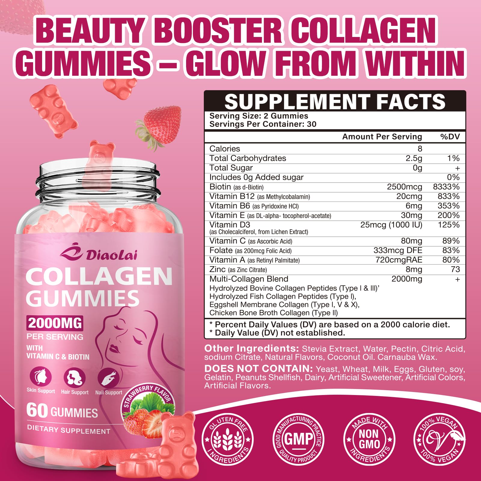 DIAOLAI Collagen Gummies bottle with natural strawberry flavour