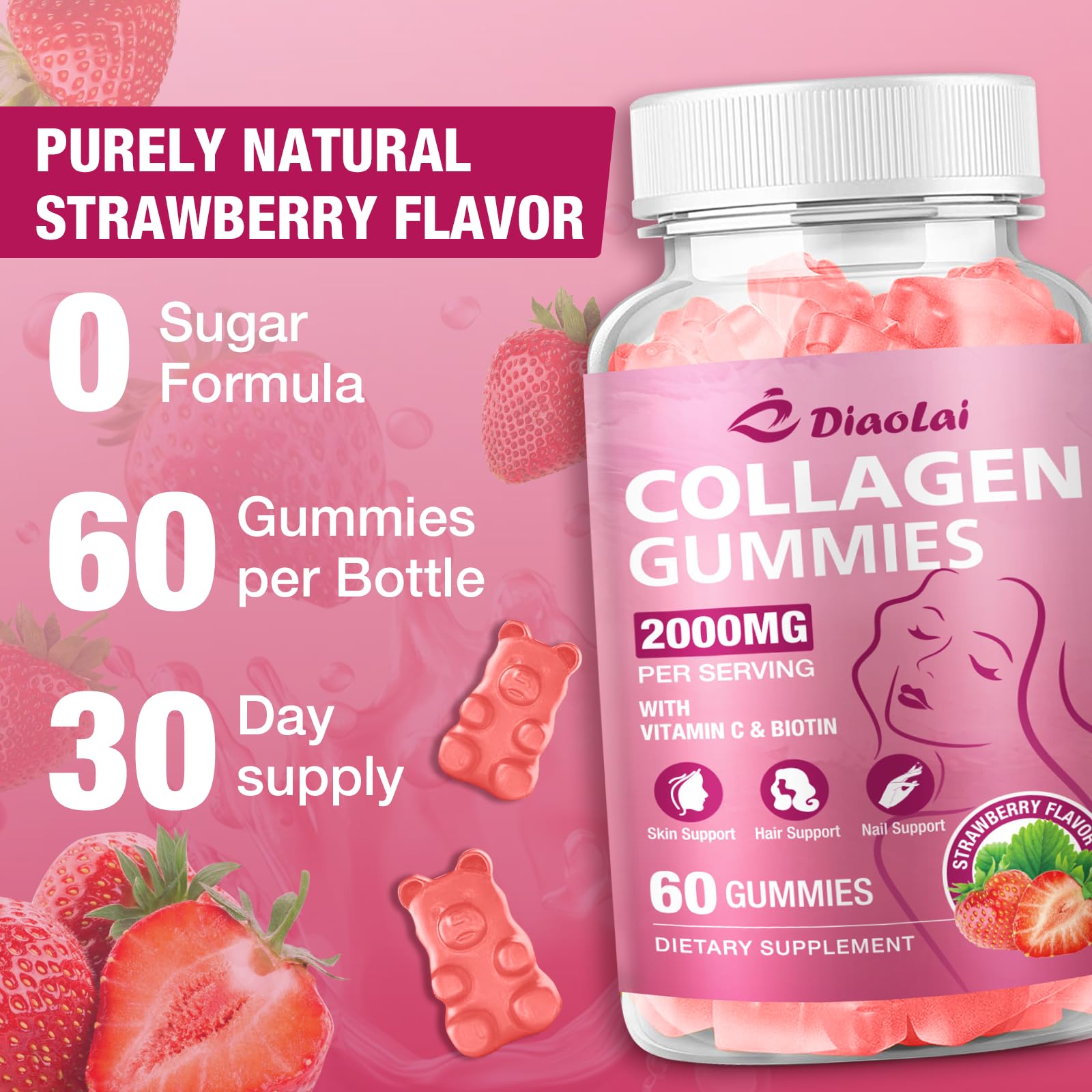 DIAOLAI Collagen Gummies with fresh strawberries