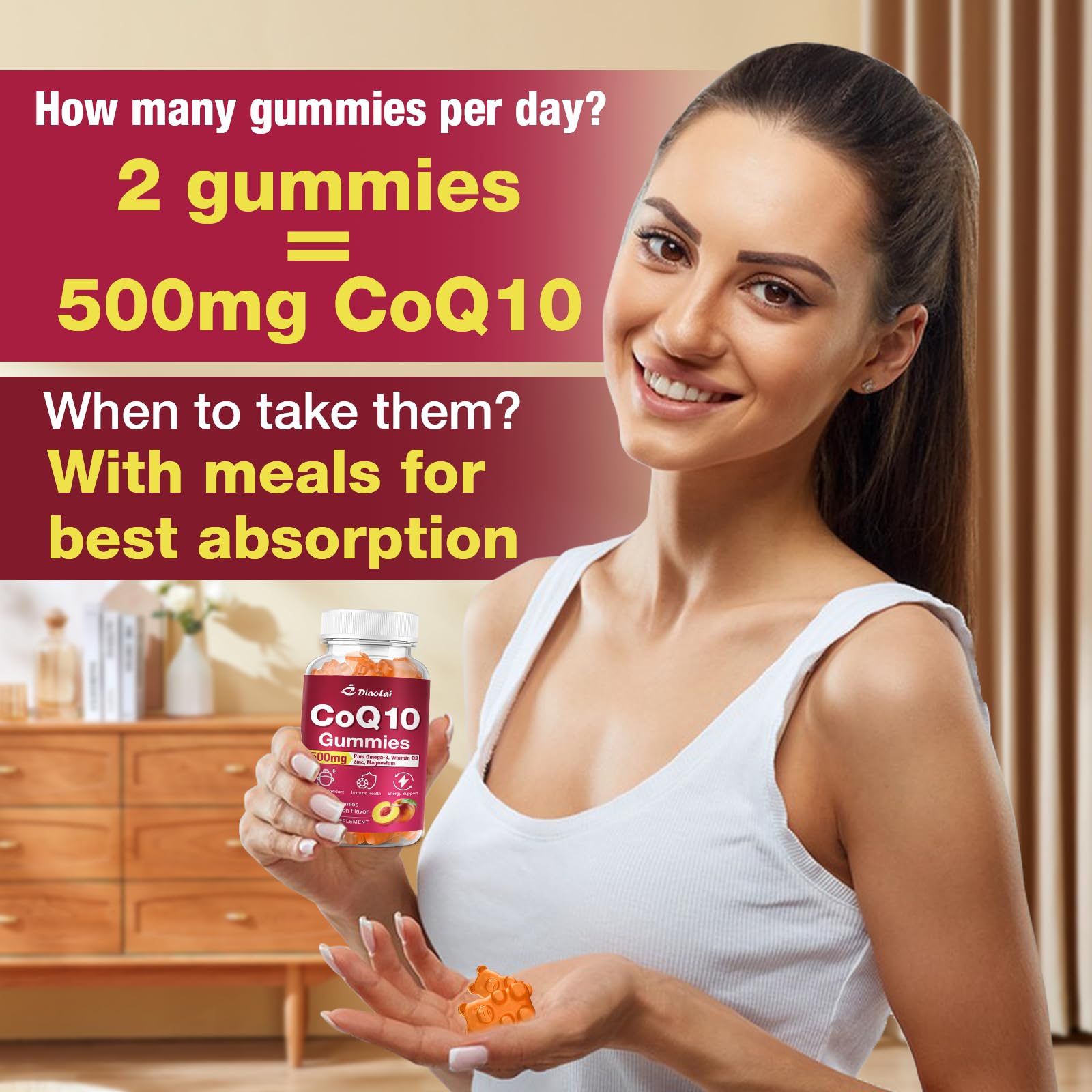 DIAOLAI CoQ10 Gummies 500mg on a wooden table