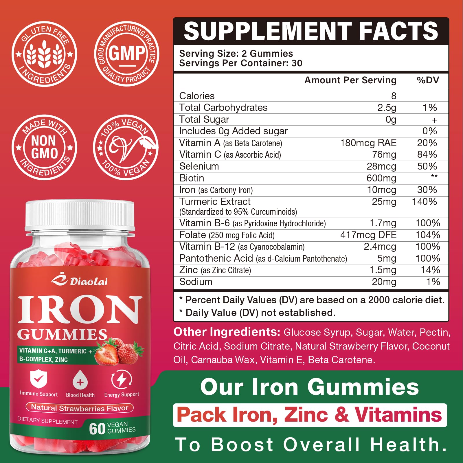 DIAOLAI Iron Gummies natural strawberry flavour