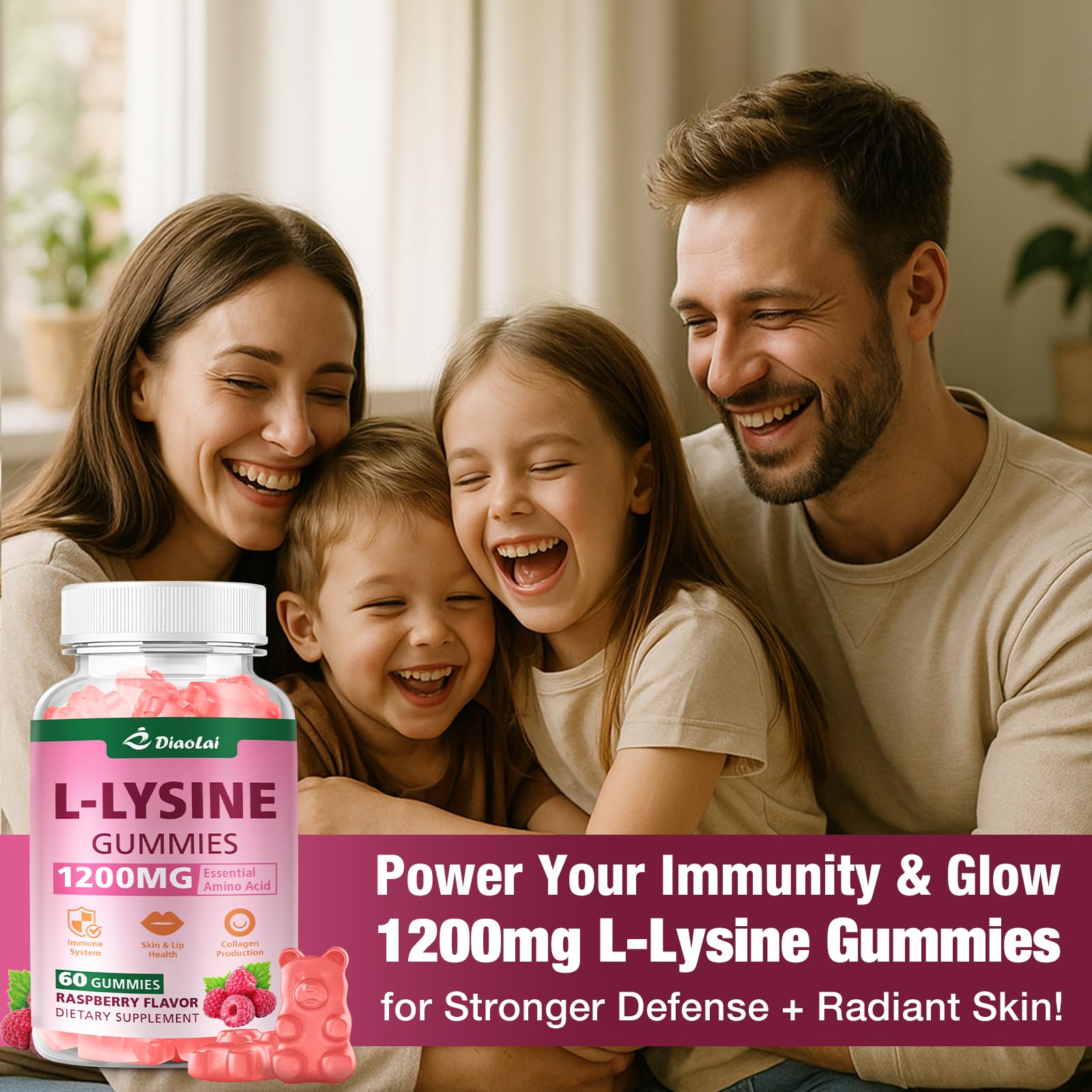 DIAOLAI L-Lysine Gummies raspberry flavour gummies on a table