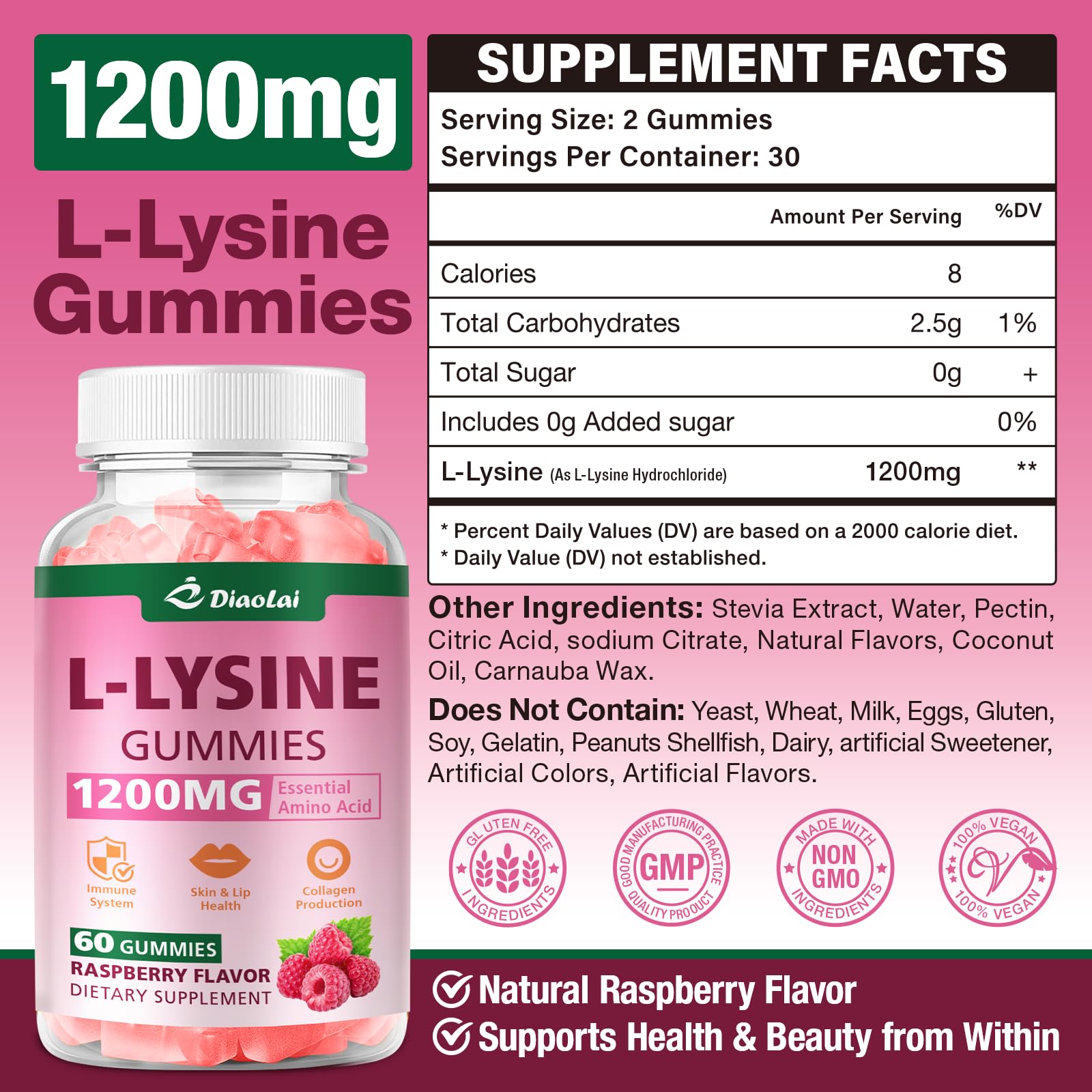 DIAOLAI L-Lysine Gummies raspberry gummy close-up