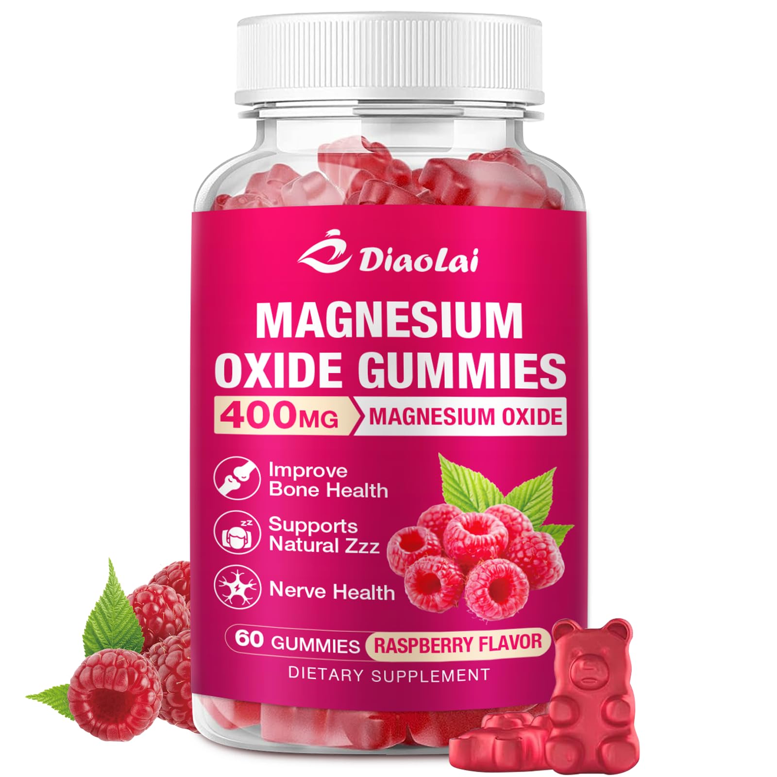DIAOLAI Magnesium Gummies 60 Count front view with raspberry flavour