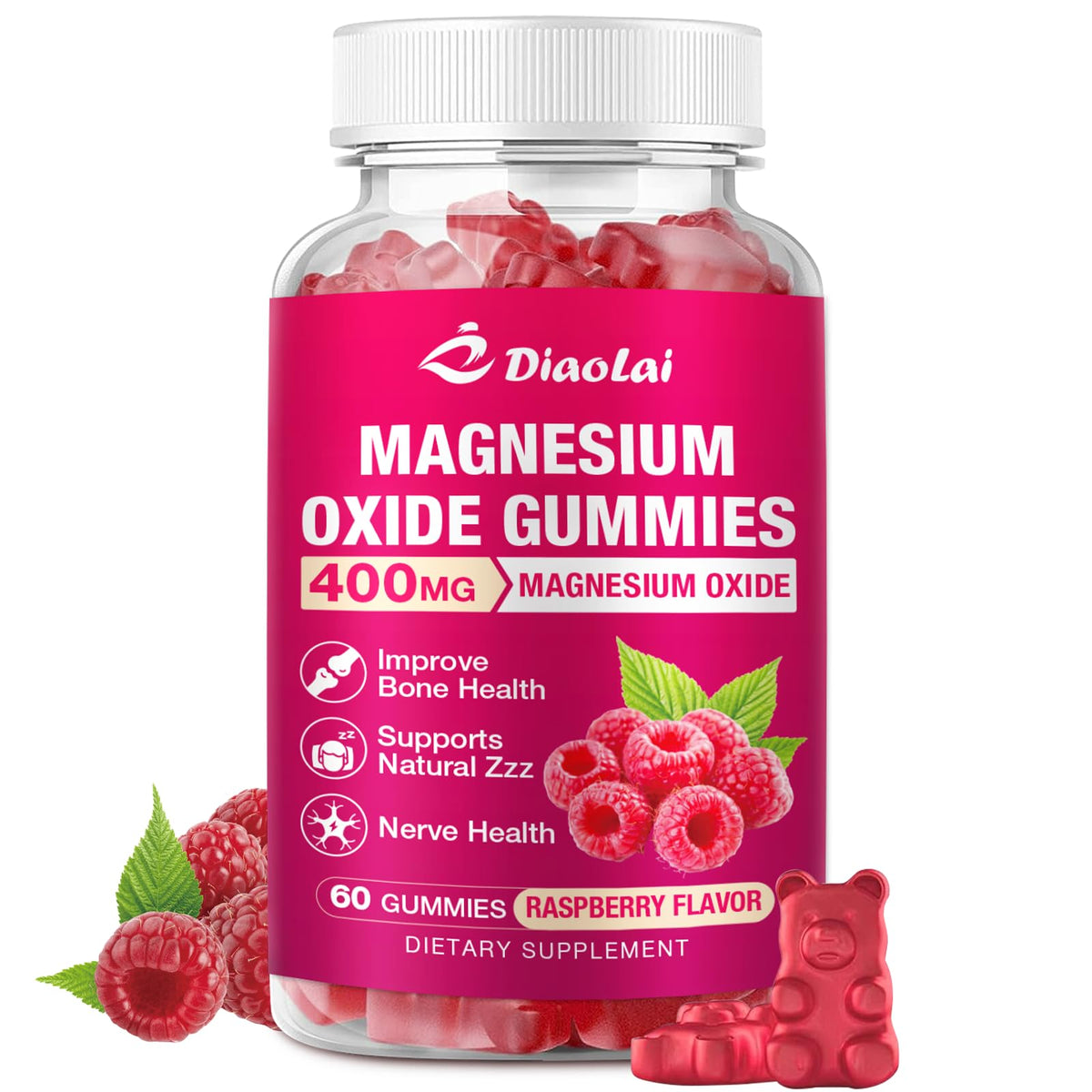 DIAOLAI Magnesium Gummies 60 Count front view with raspberry flavour