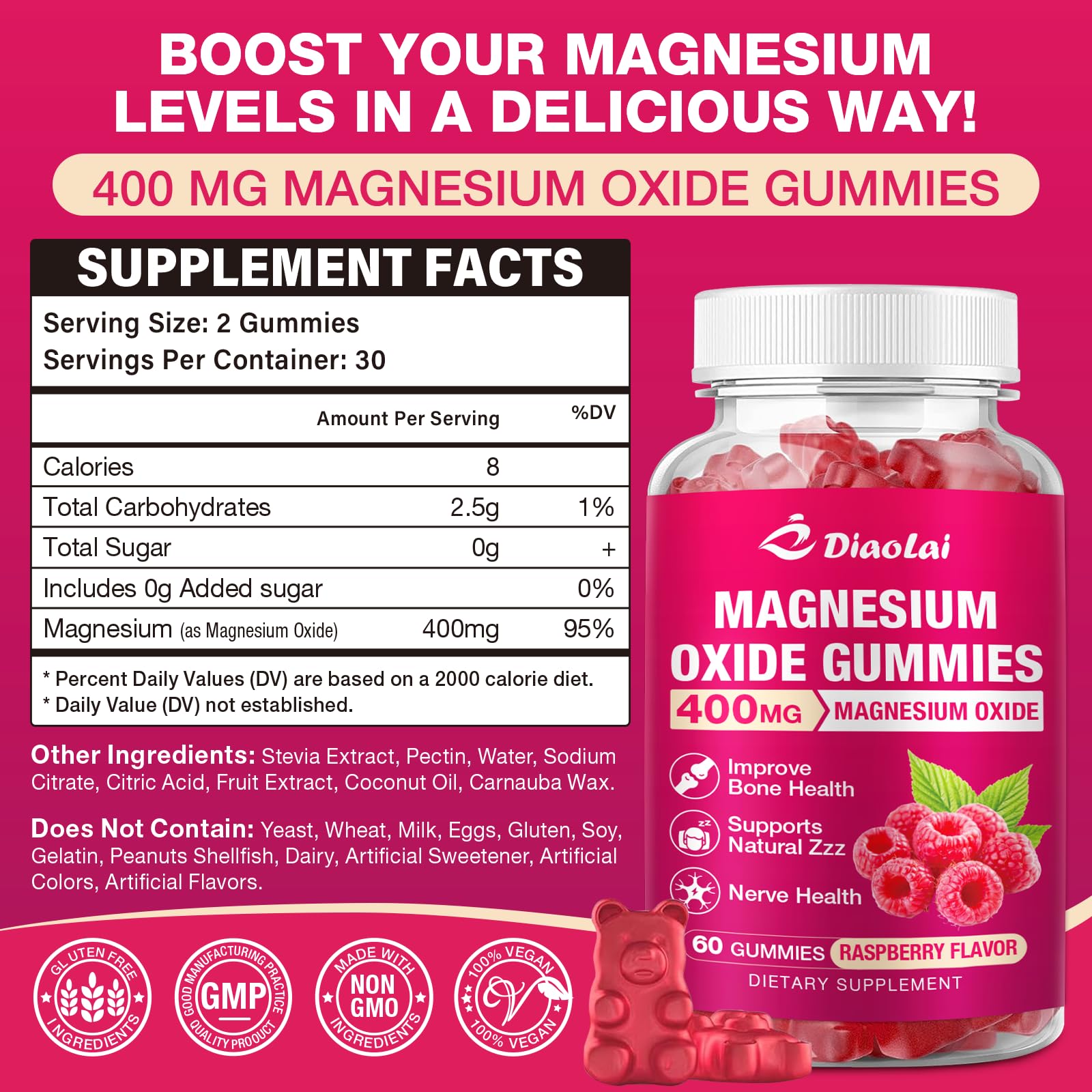 DIAOLAI Magnesium Gummies bottle side view showing nutrition facts