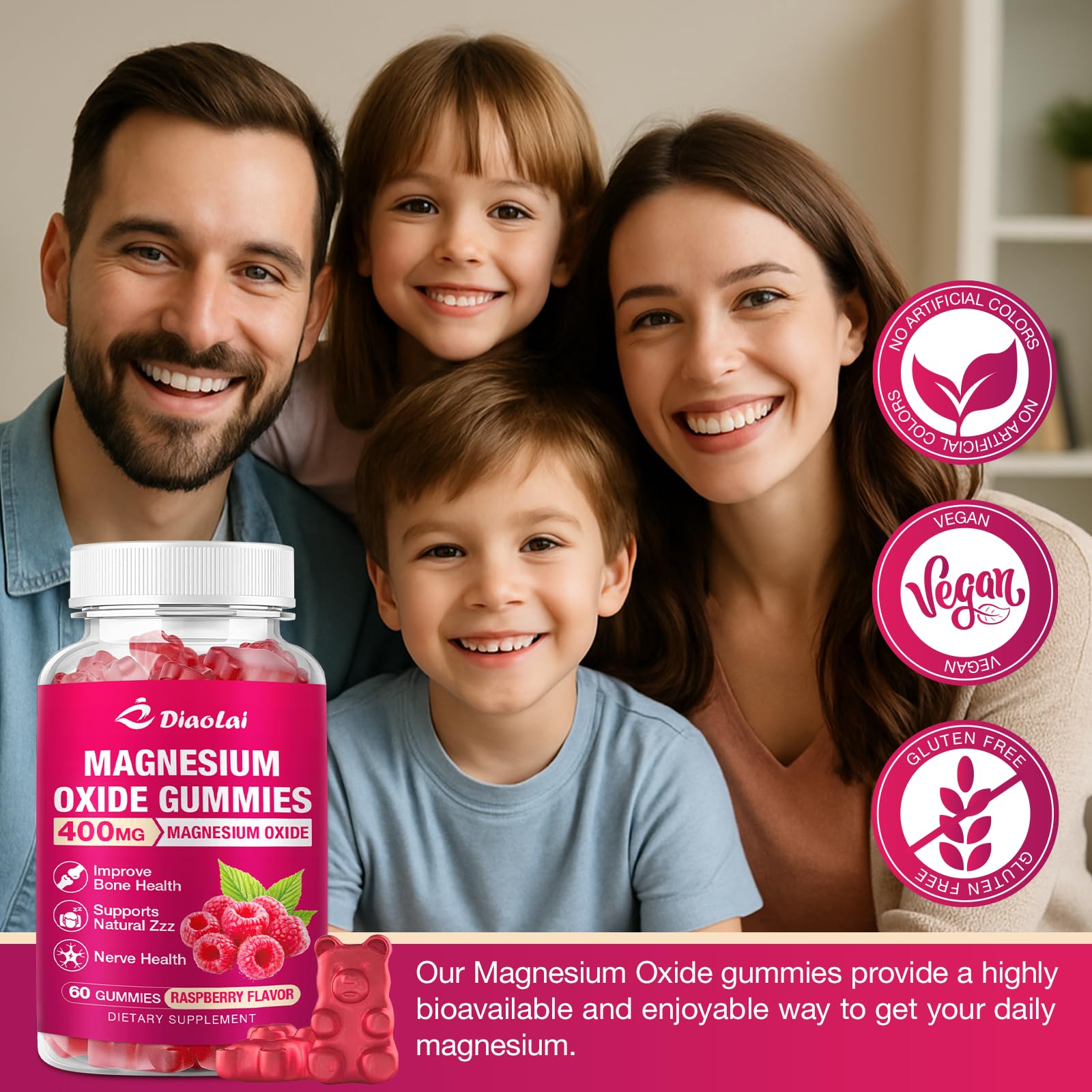 DIAOLAI Magnesium Gummies displayed with fresh raspberries