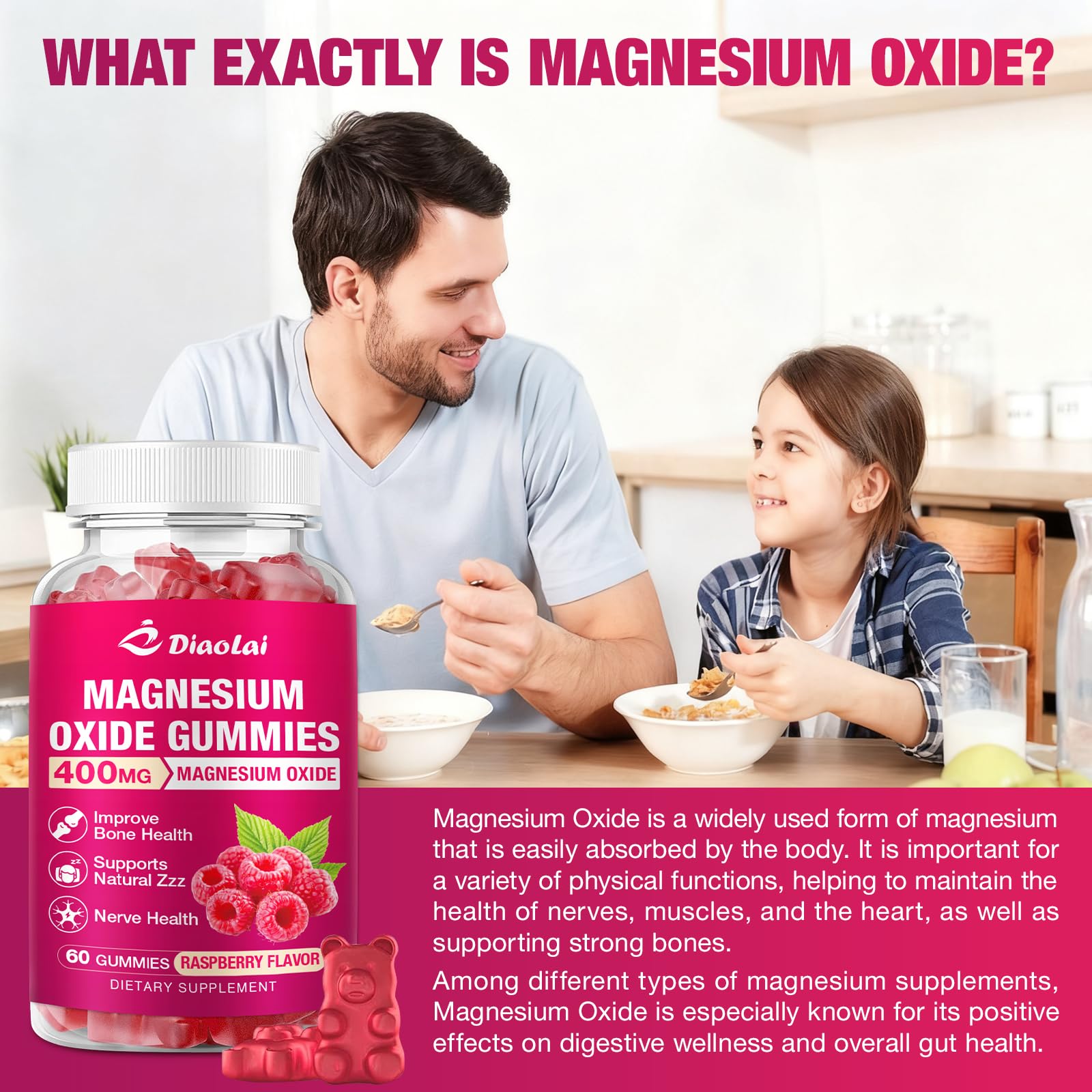 DIAOLAI Magnesium Gummies packaging on a kitchen counter