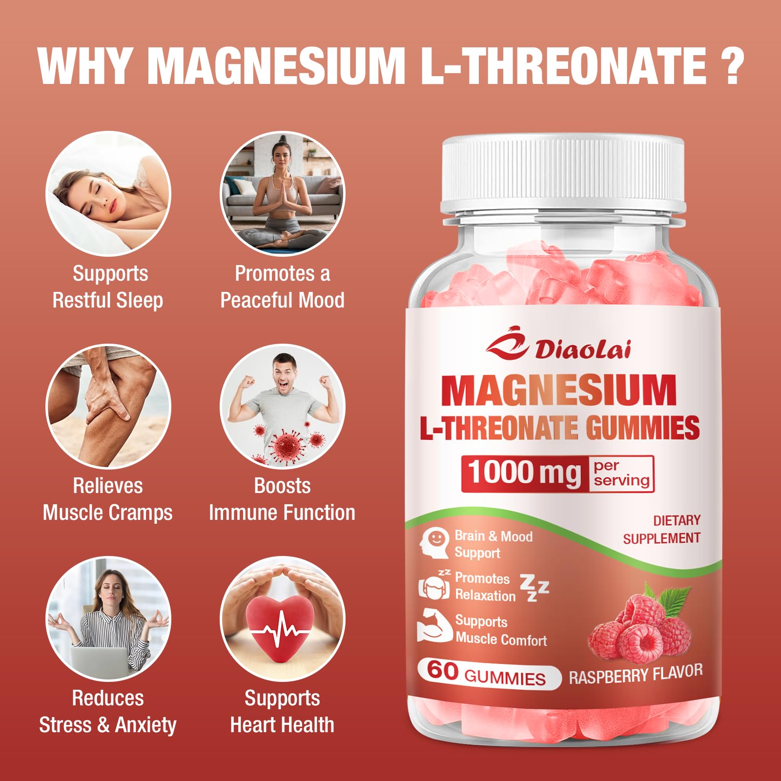 DIAOLAI Magnesium L-Threonate Gummies raspberry flavour close-up