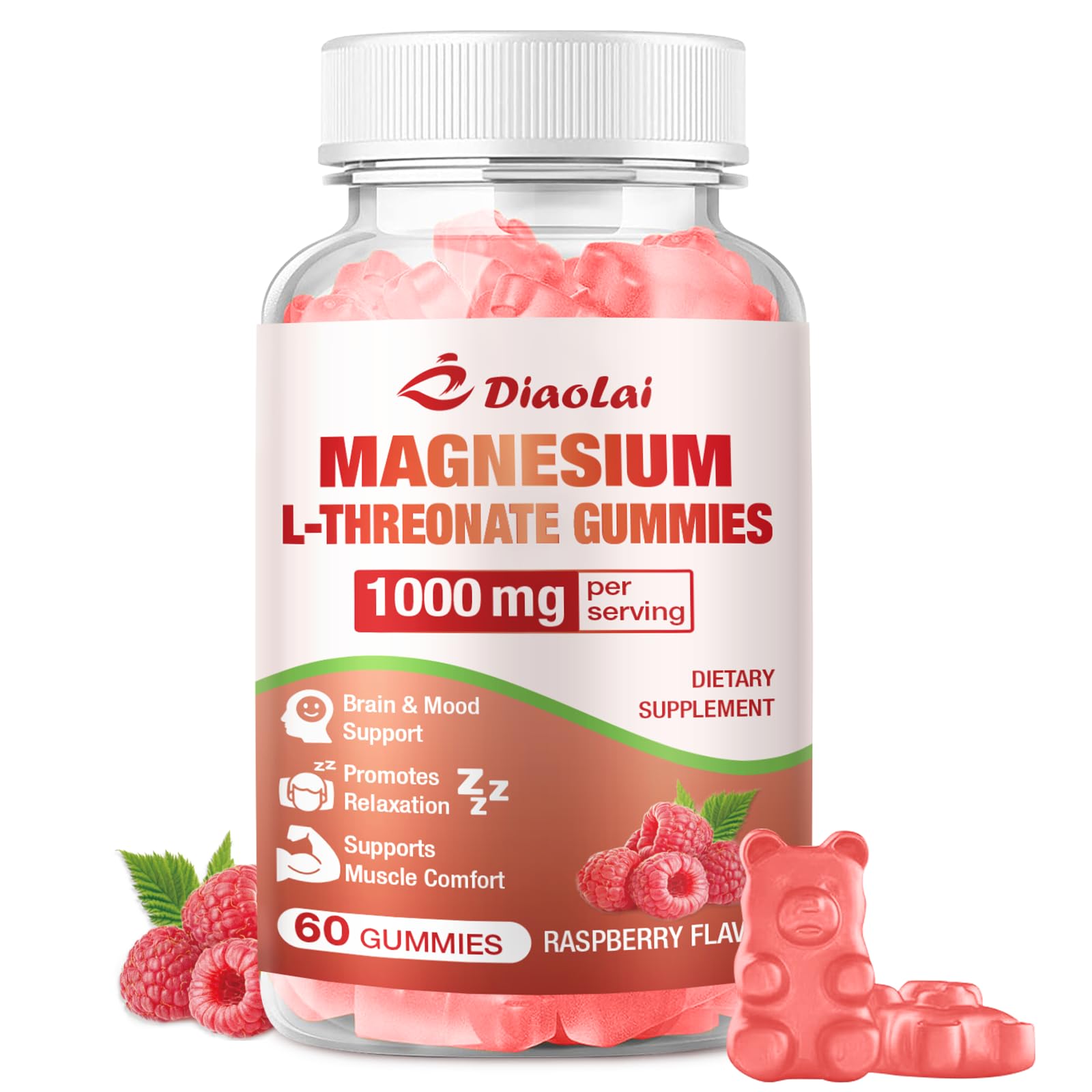 DIAOLAI Magnesium L-Threonate Gummies raspberry flavour front view