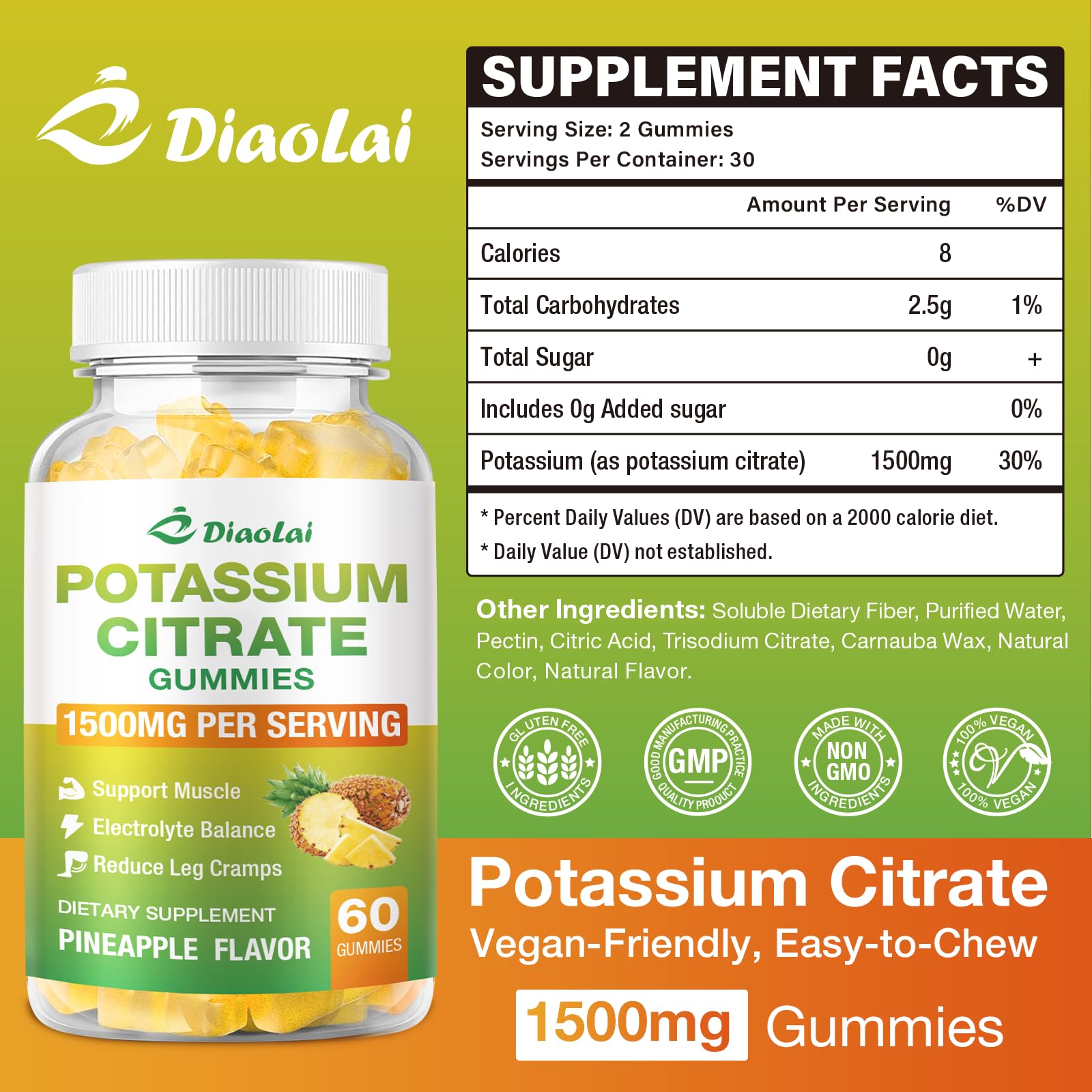 DIAOLAI Potassium Citrate Gummies 1500mg bottle side view