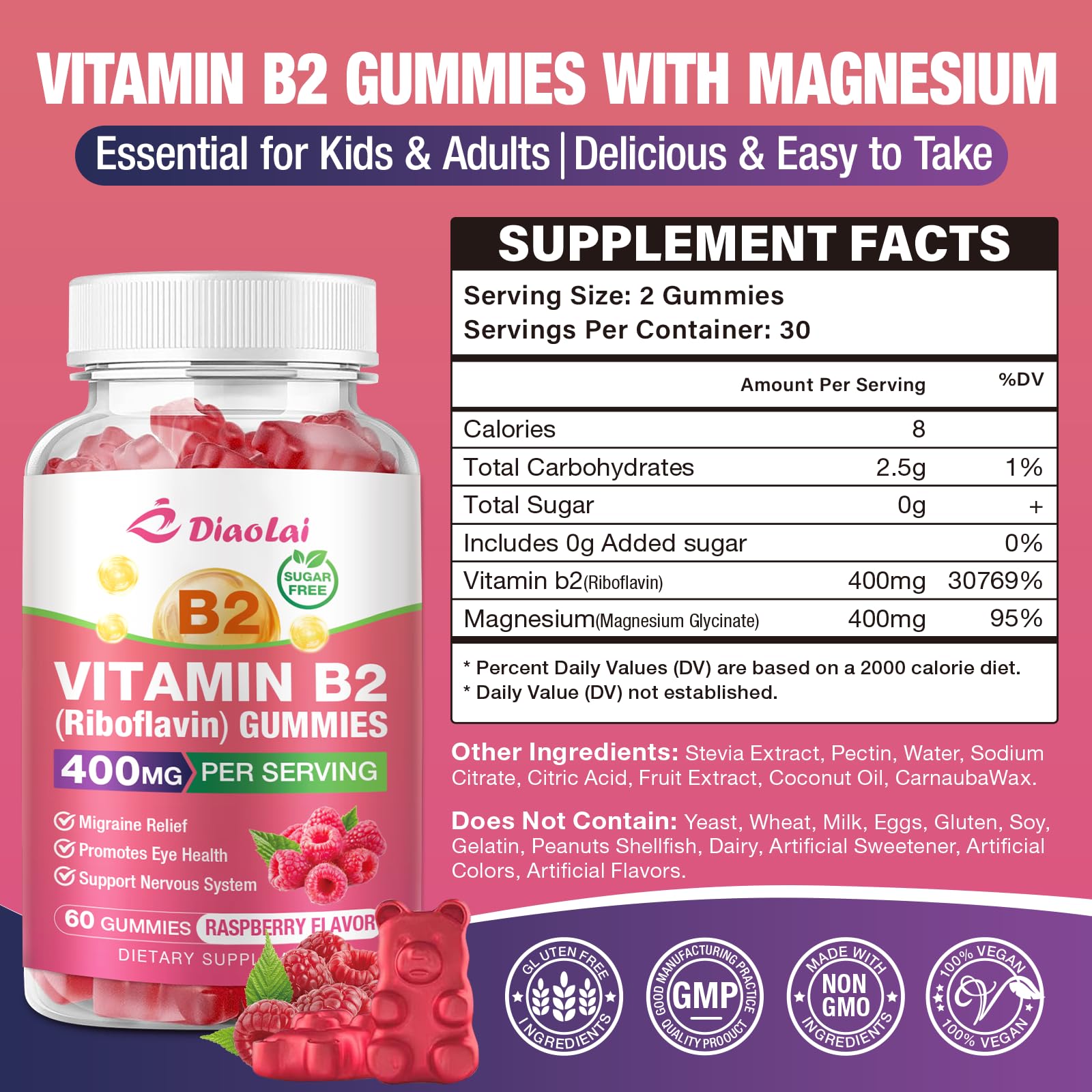 DIAOLAI Vitamin B2 gummies raspberry flavour close-up