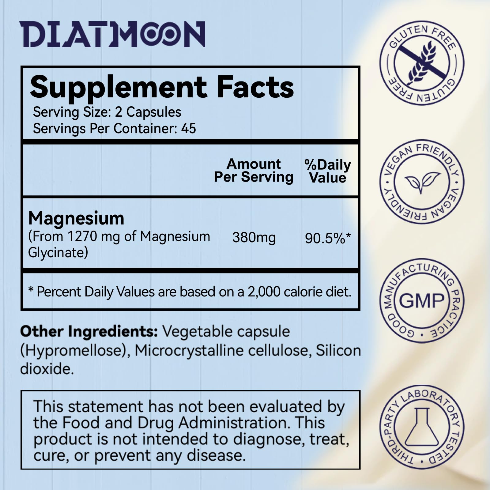 DIATMOON Magnesium Glycinate Capsules side view showing dosage