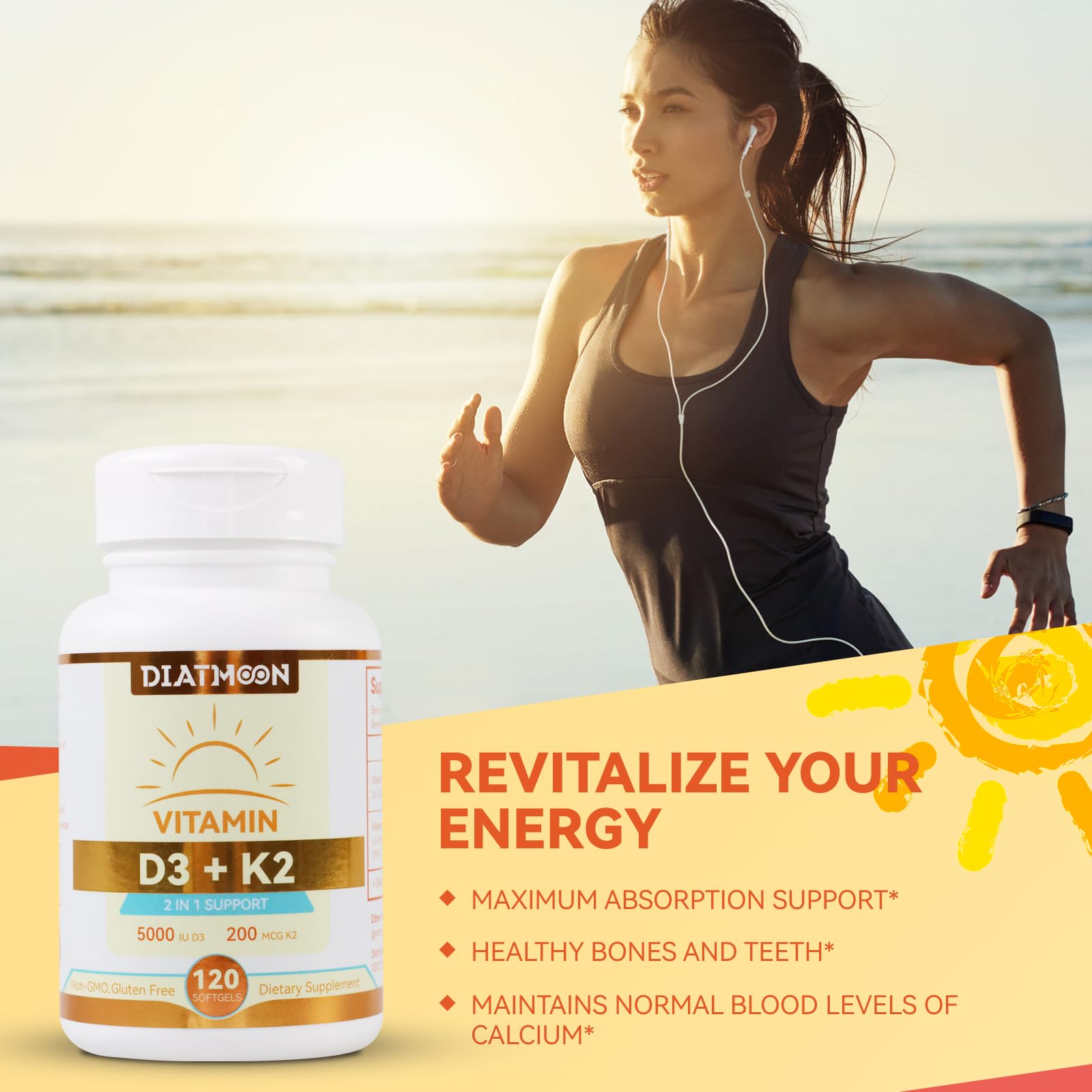 DIATMOON Vitamin D3 K2 softgels back view with ingredient list