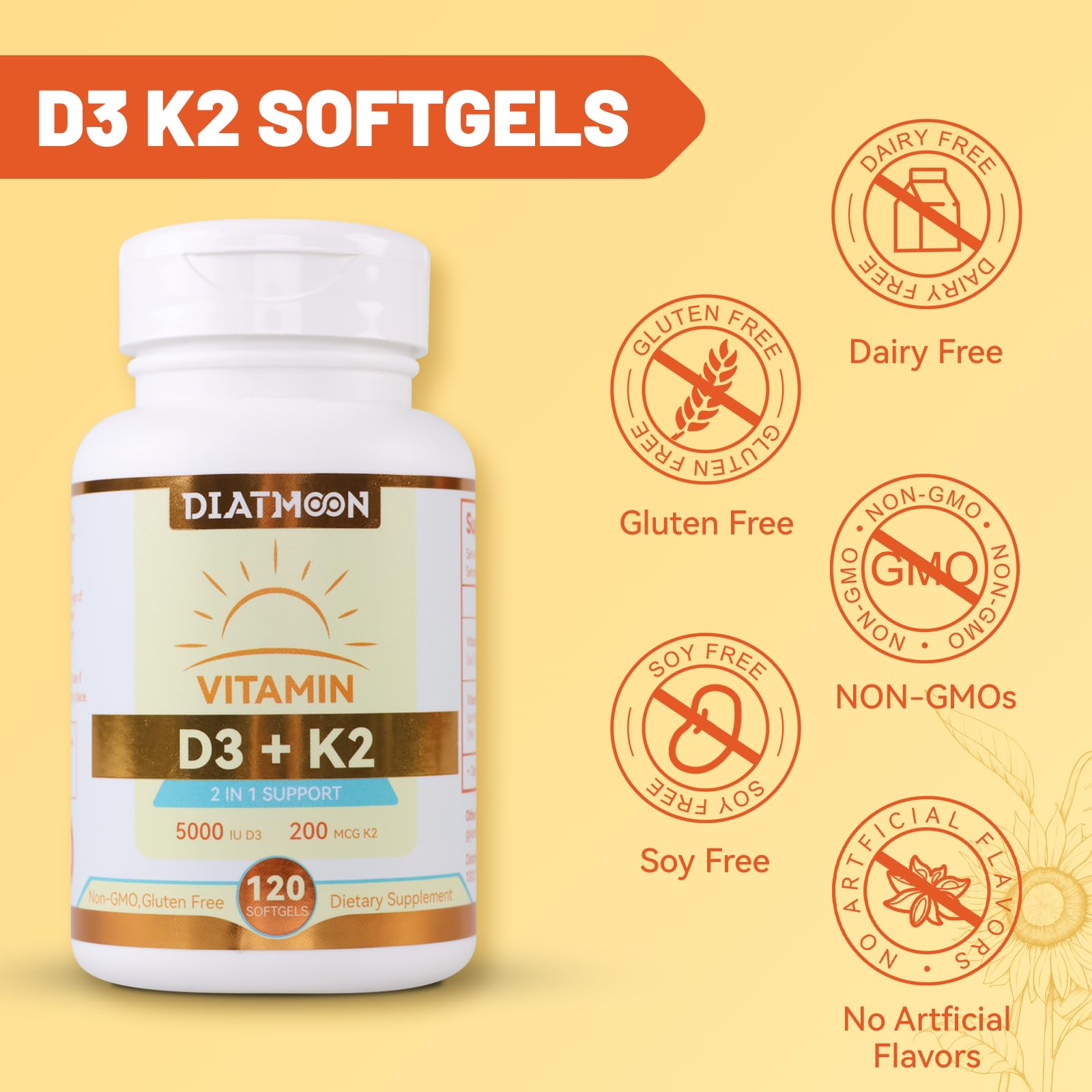 DIATMOON Vitamin D3 K2 softgels with a measuring spoon